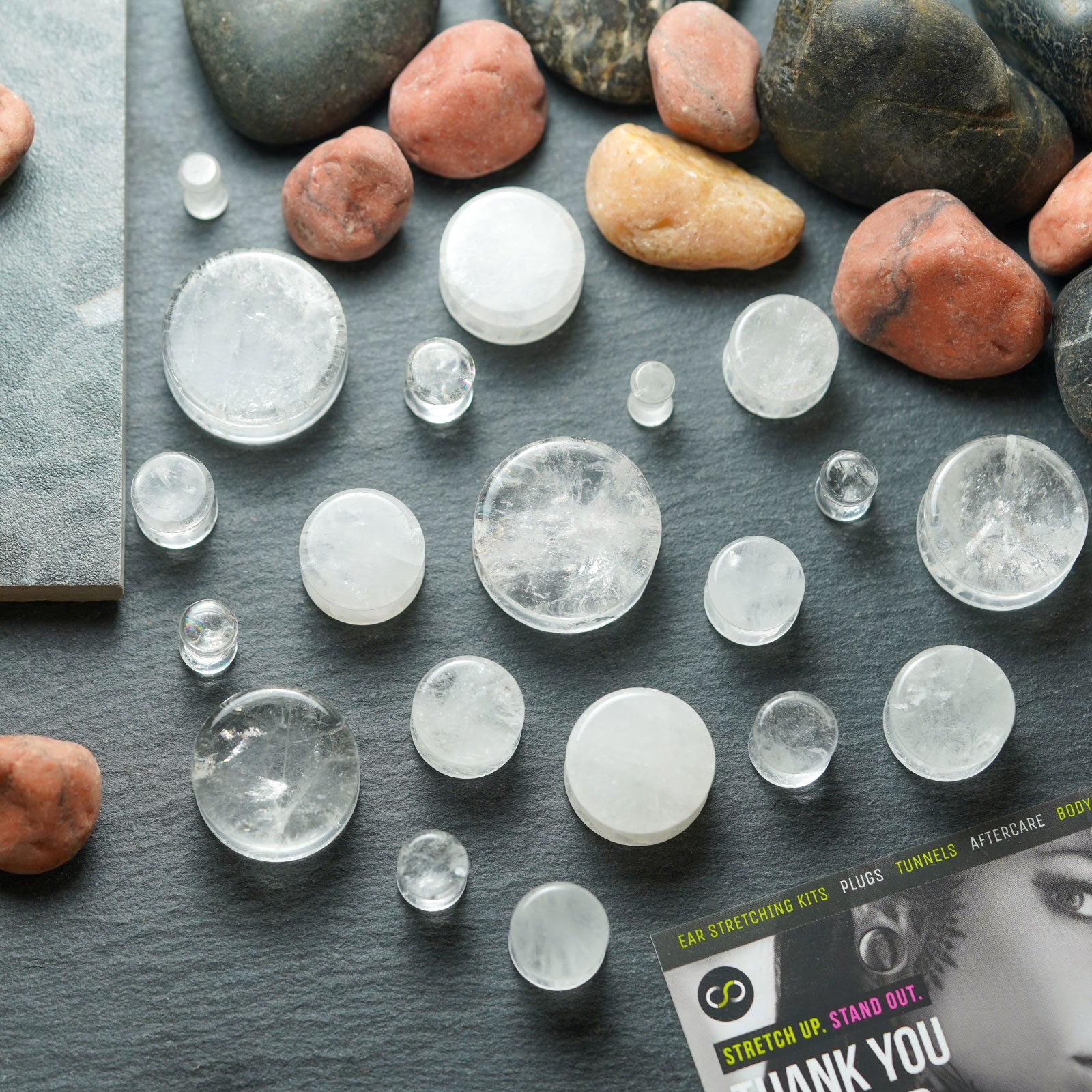 Cloudy Quartz Double Flare Stone Plug Group Shot