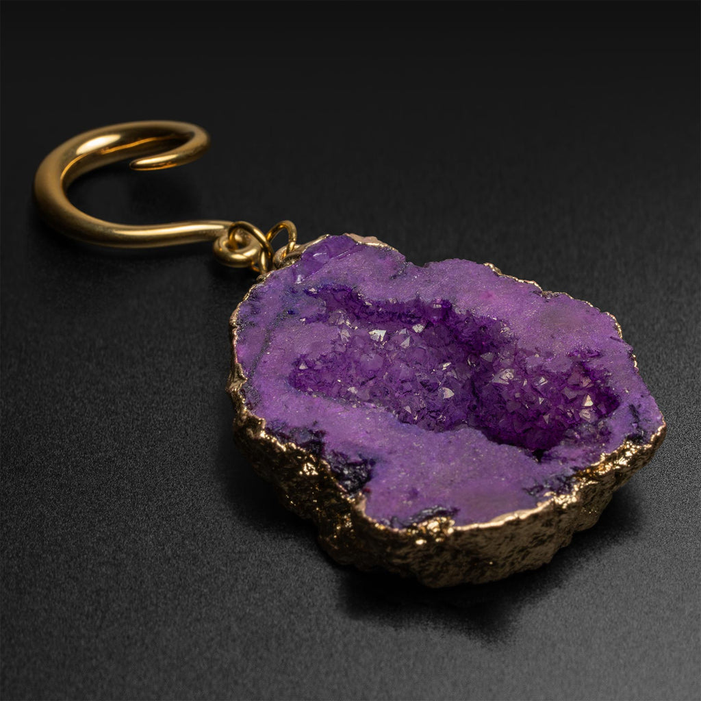 Druzy Purple Agate With Gold PVD hook Ear Weight