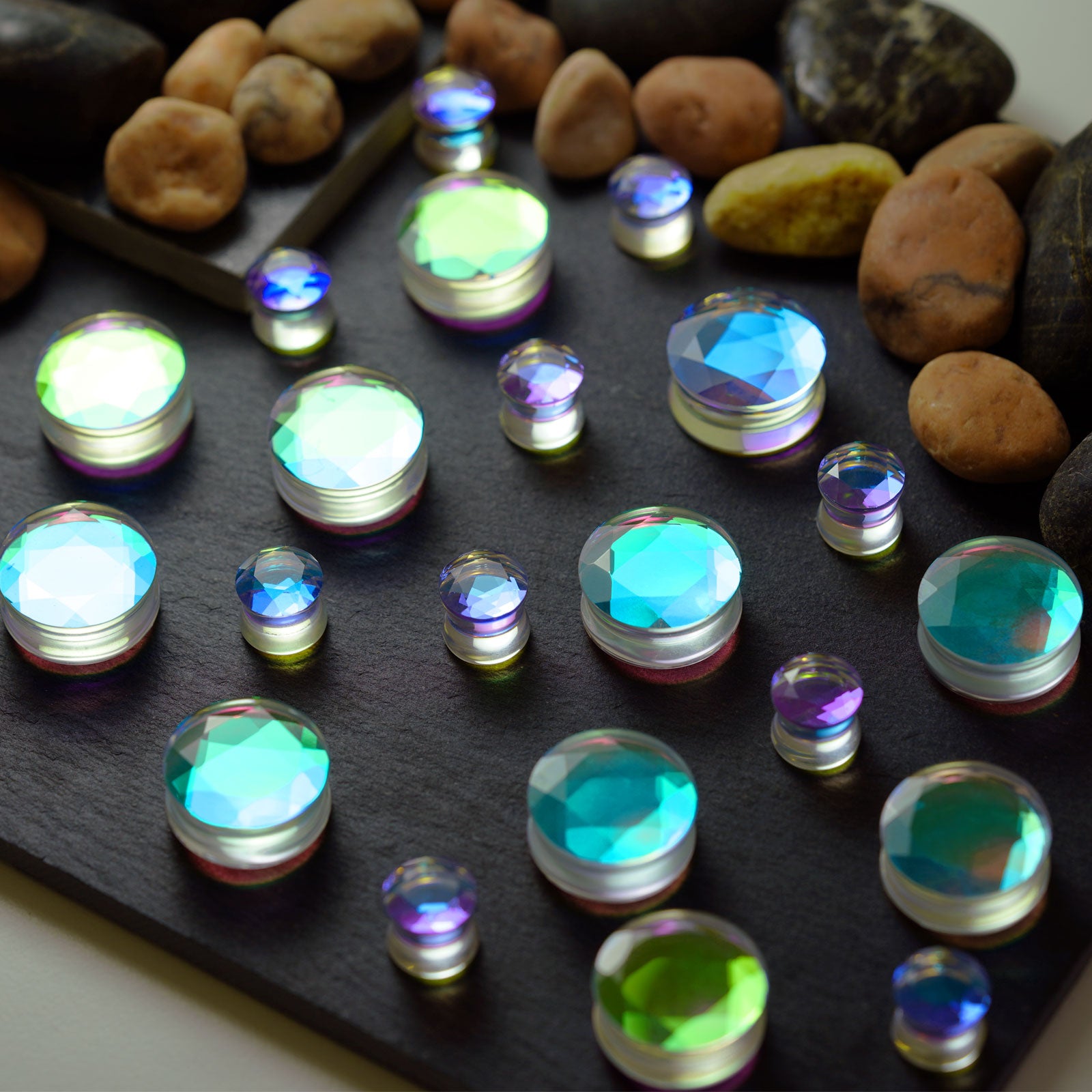 Faceted Aurora Glass Double Flare Plug Group Shot