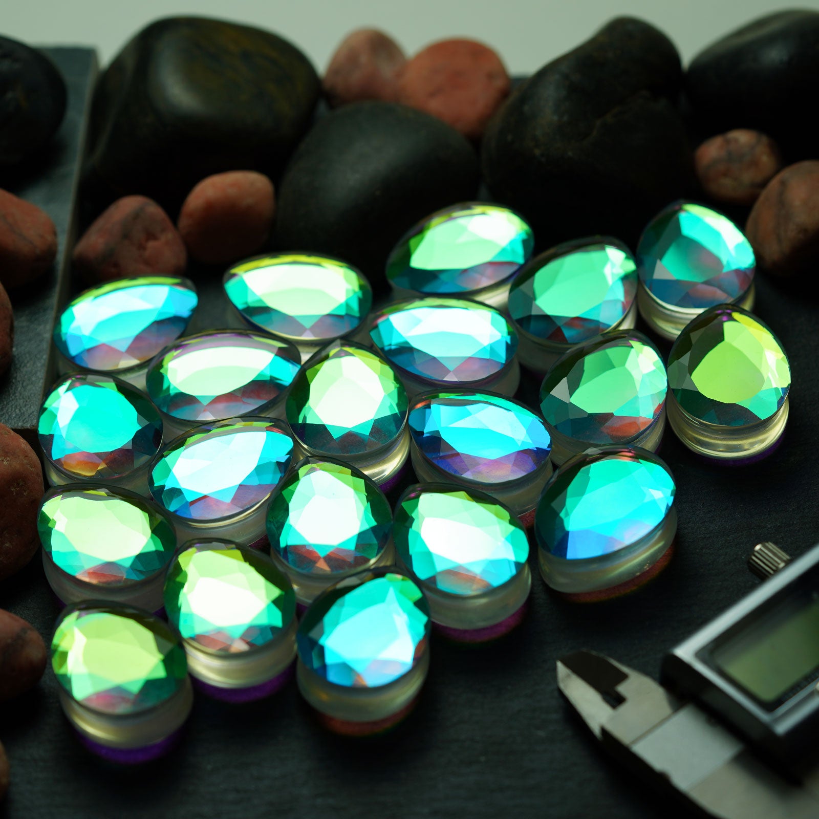 Faceted Aurora Glass Double Flare Teardrop Plug Group Shot