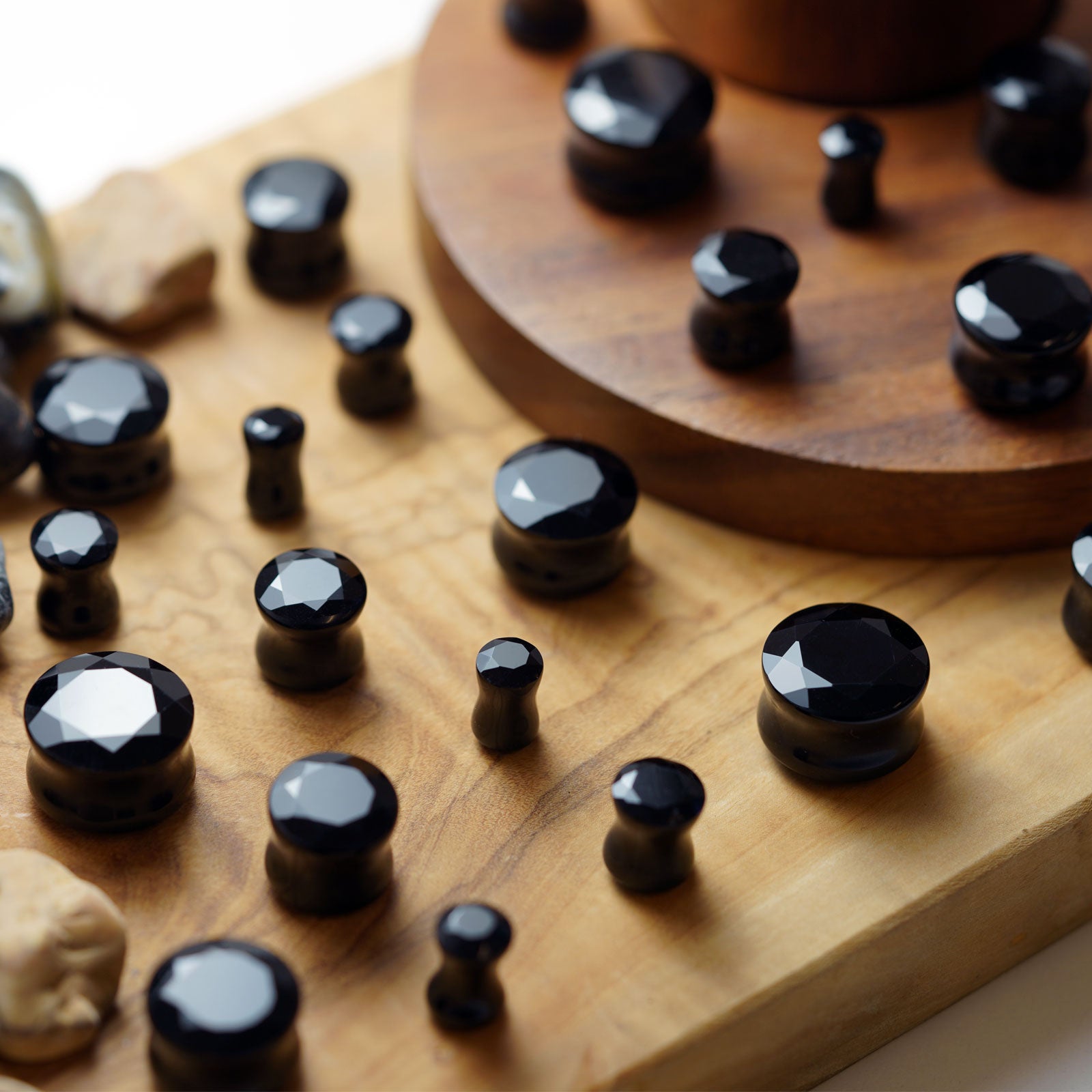 Faceted Black Agate Double Flare Plug Group Shot