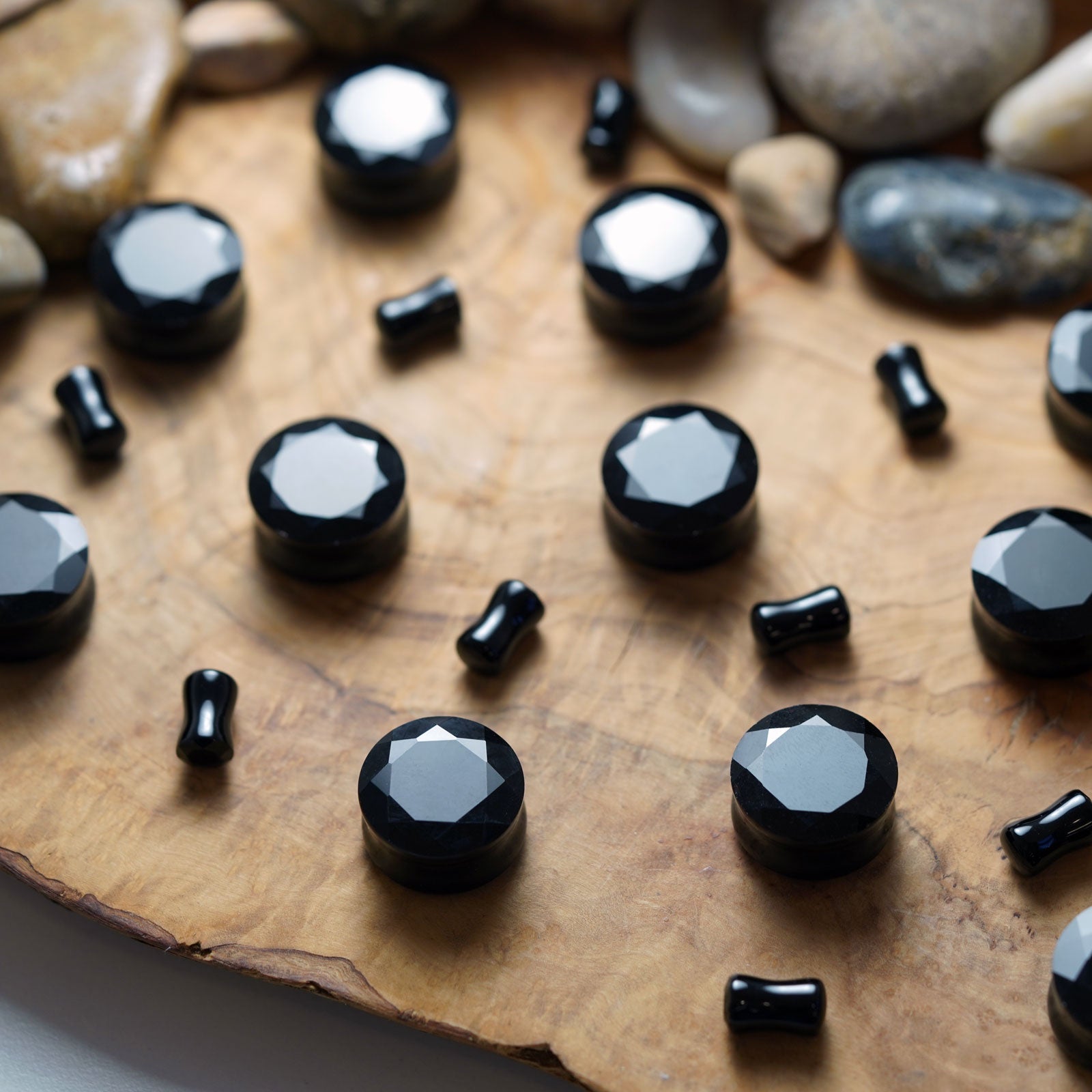 Faceted Black Glass Double Flare Plug Group Shot