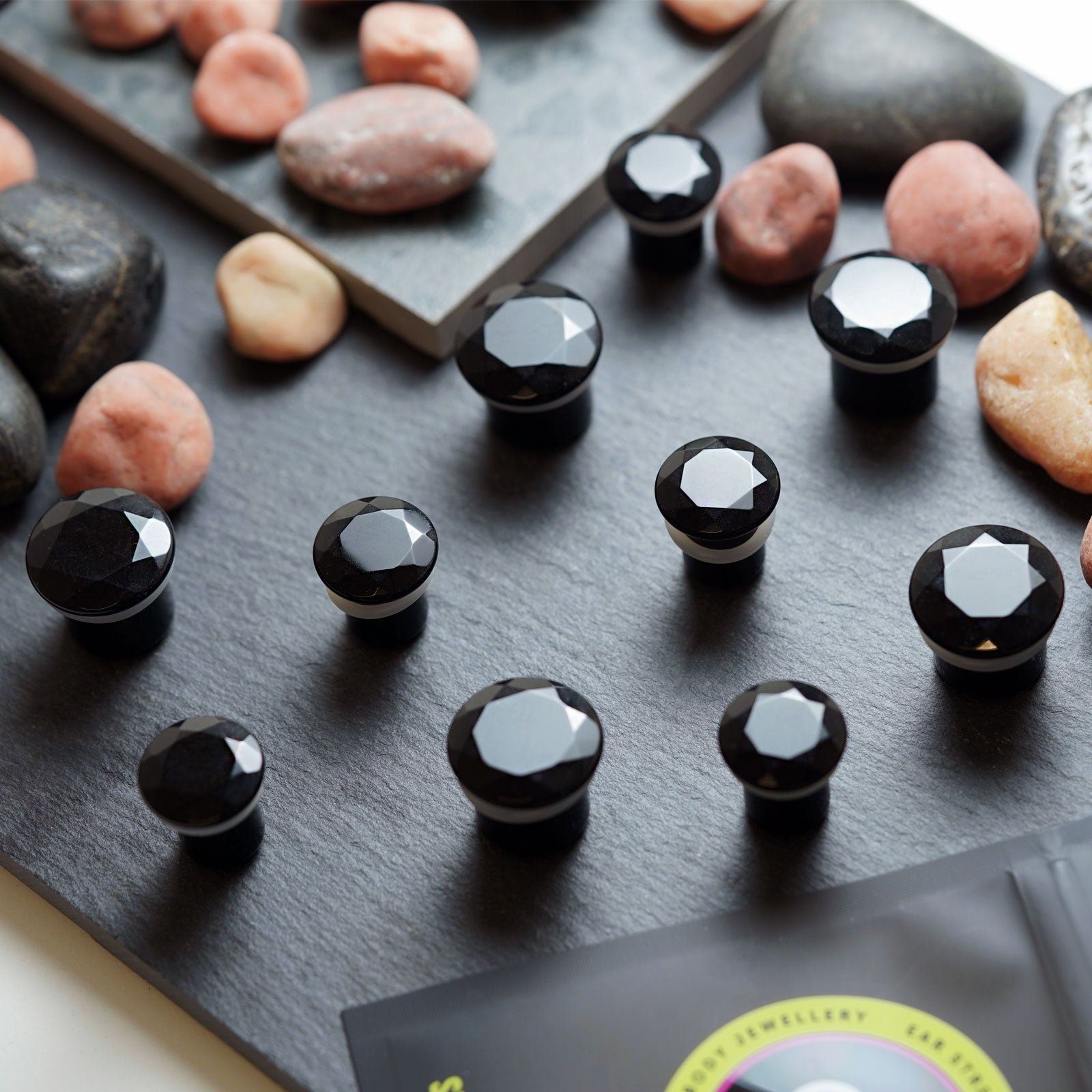 Faceted Black Obsidian Single Flare Convex Stone Plug Group Shot