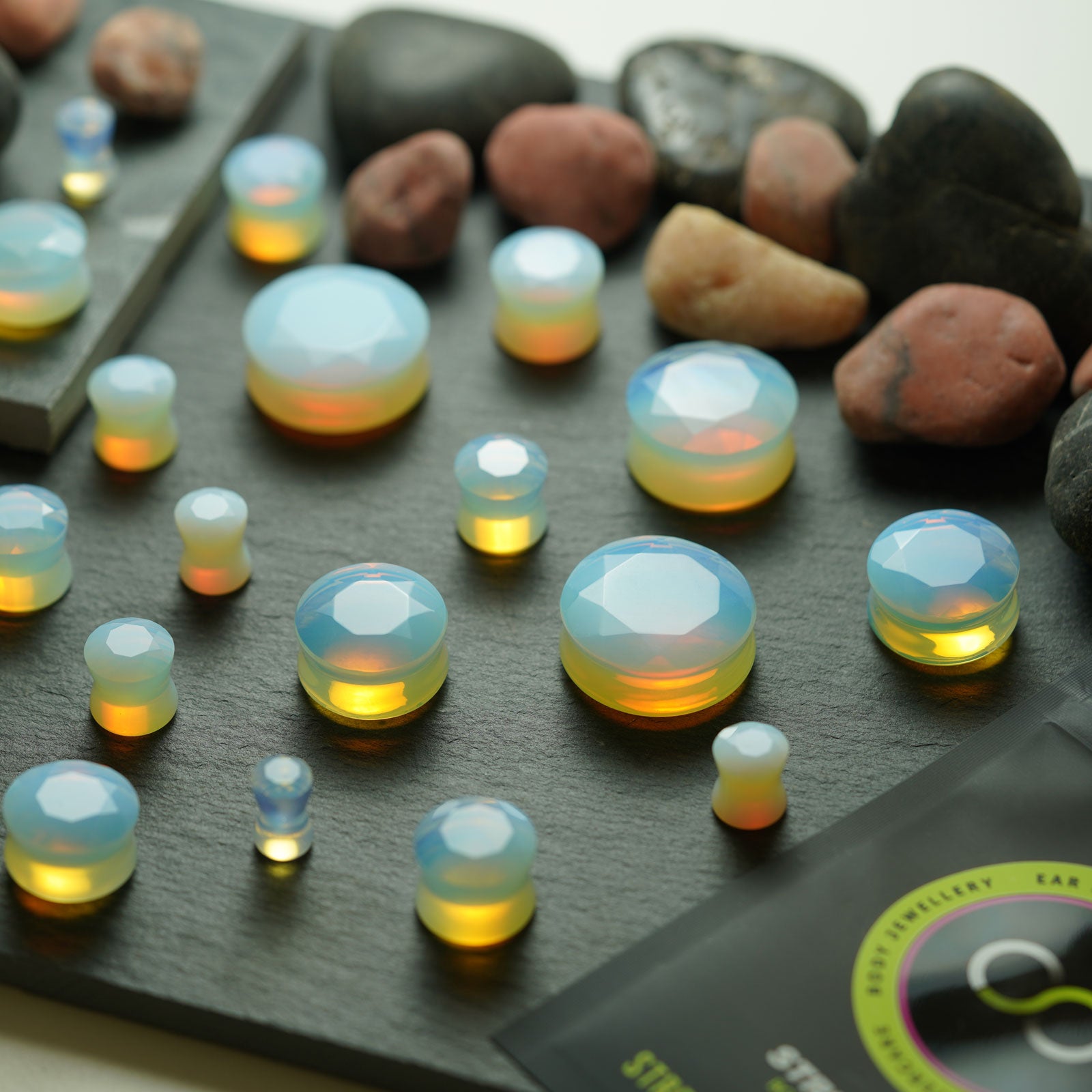 Faceted Opalite Double Flare Plug Group Shot