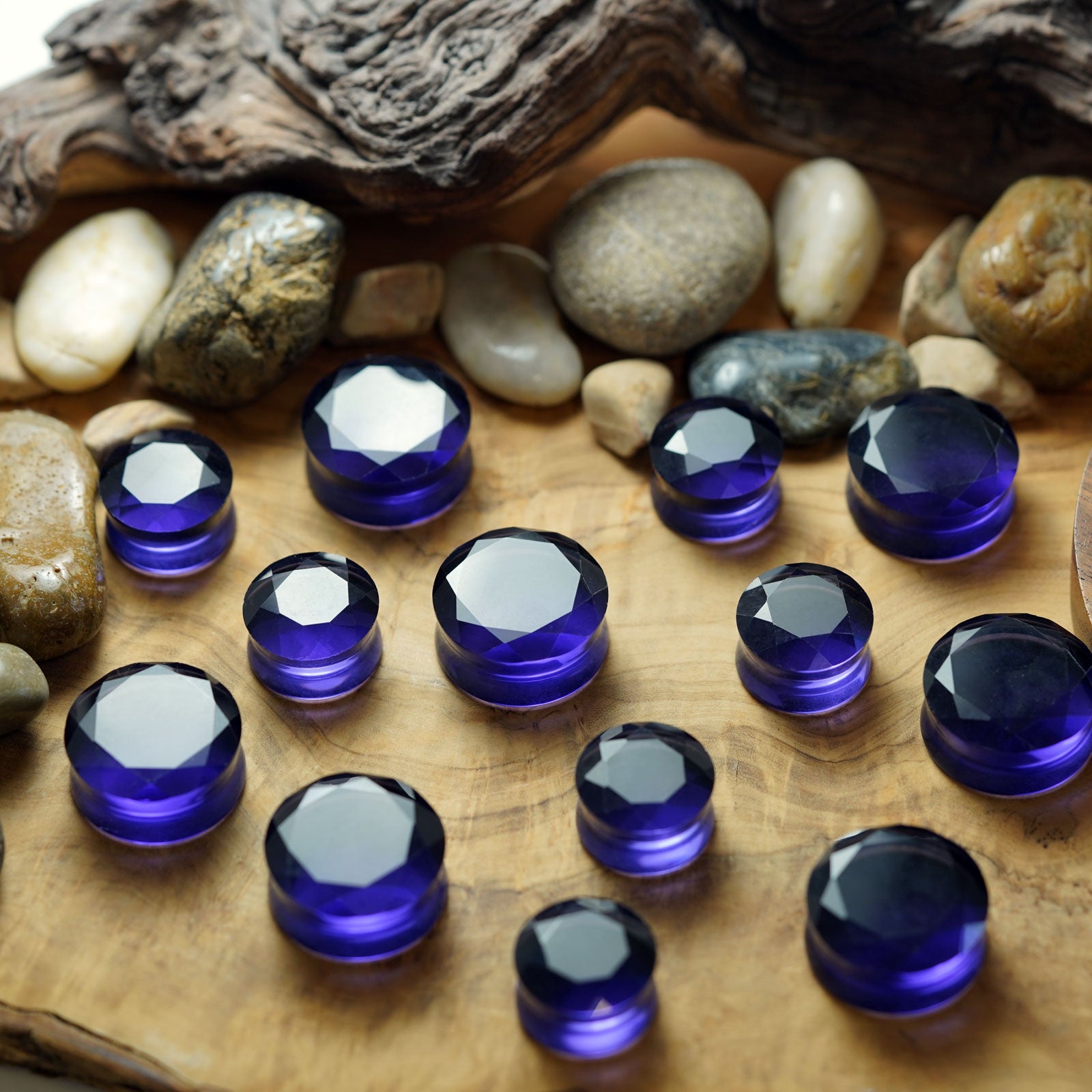 Faceted Purple Glass Double Flare Plug Group Shot