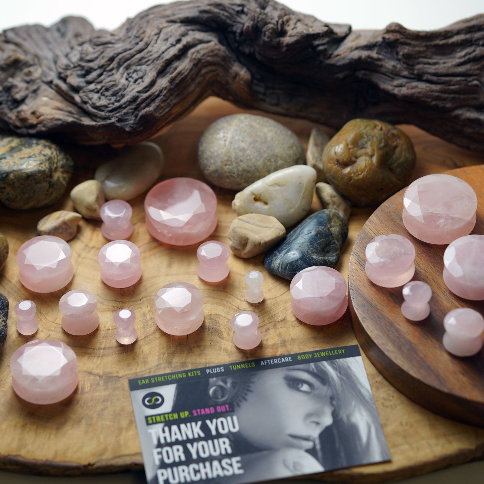 Faceted Rose Quartz Double Flare Stone Plug Group Shot