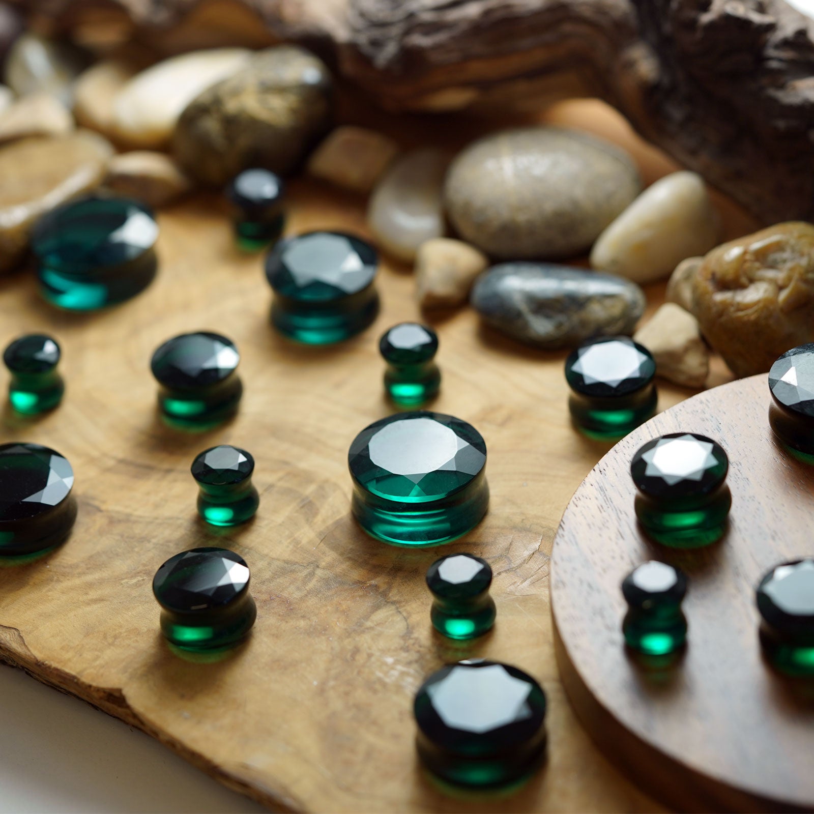 Faceted Teal Glass Double Flare Plug Group Shot