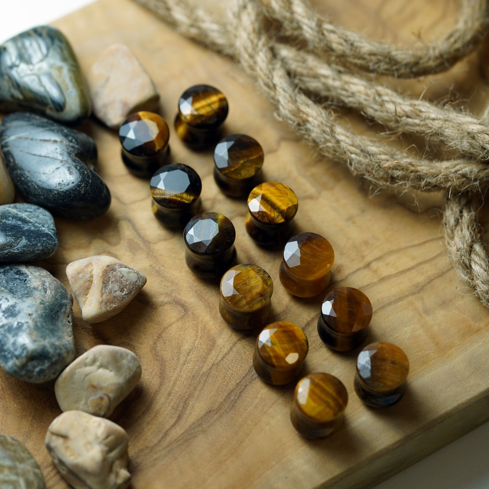 Faceted Yellow Tiger's Eye Double Flare Plug Group Shot
