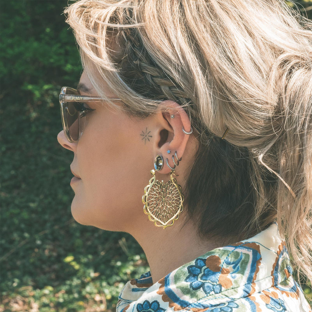 Flower Drop Brass Plug Hoops | Ear Hangers For Stretched Lobes | SIBJ ...