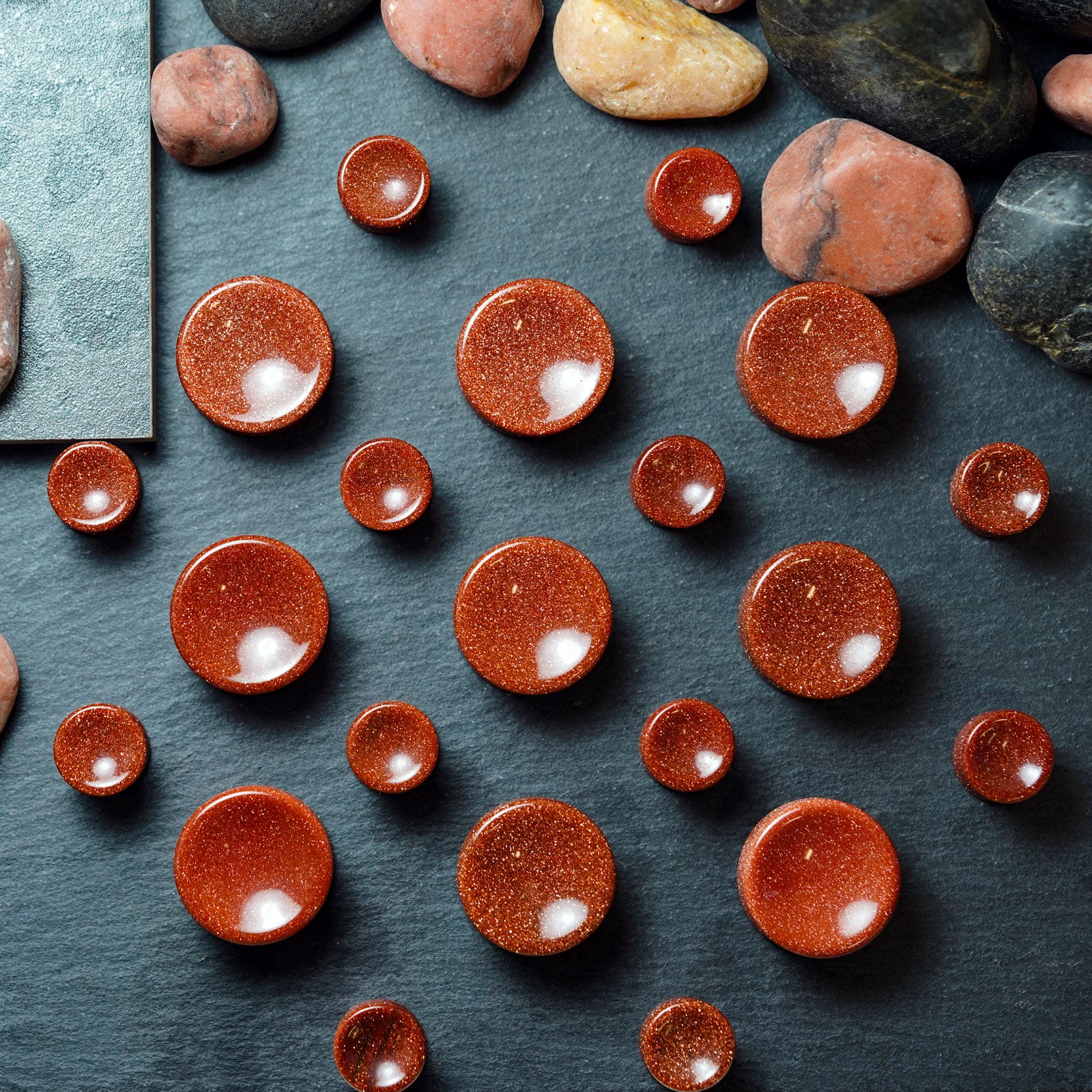 Gold Sandstone Double Flare Concave Stone Plug Group Shot