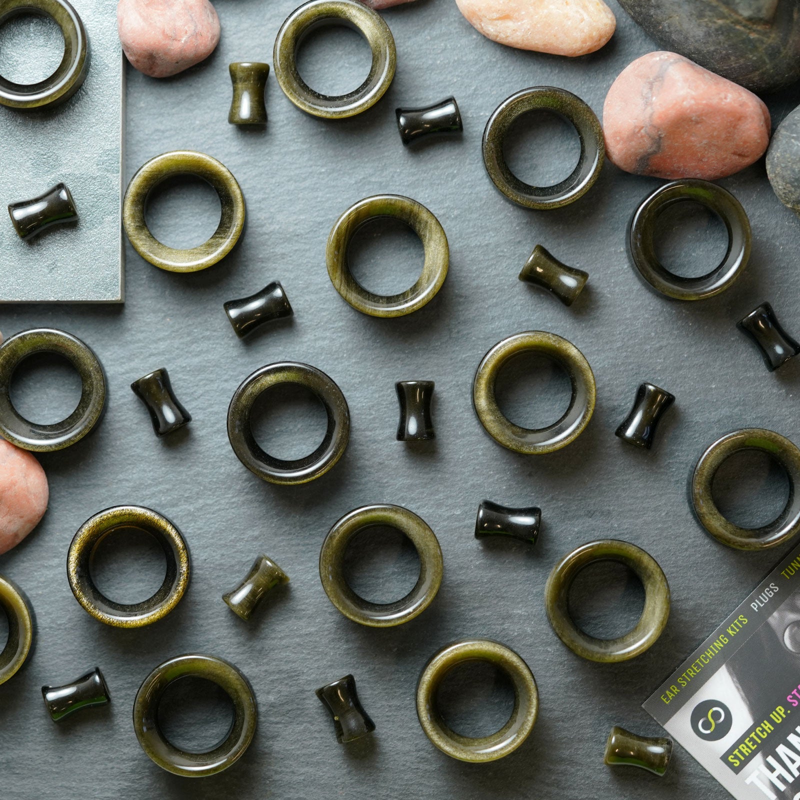 Golden Obsidian Double Flare Concave Stone Tunnel Group Shot