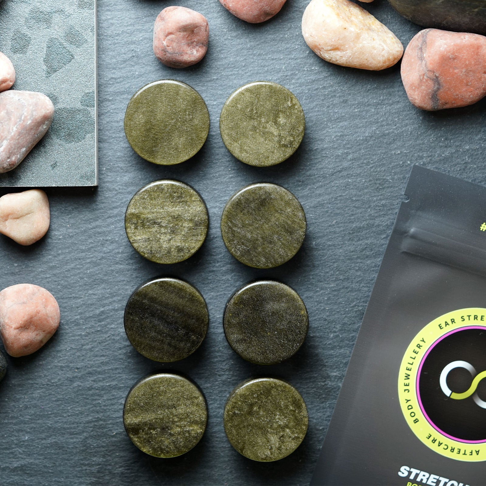 Golden Obsidian Double Flare Stone Plug Group Shot