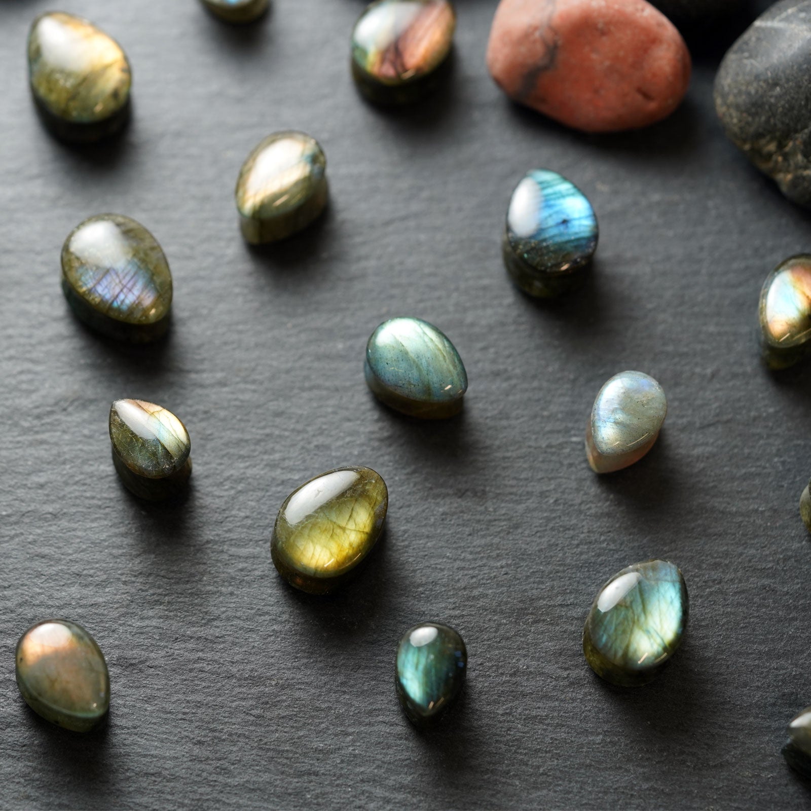 Grade AAA Labradorite Double Flare Convex Stone Teardrop Plug Group Shot Two