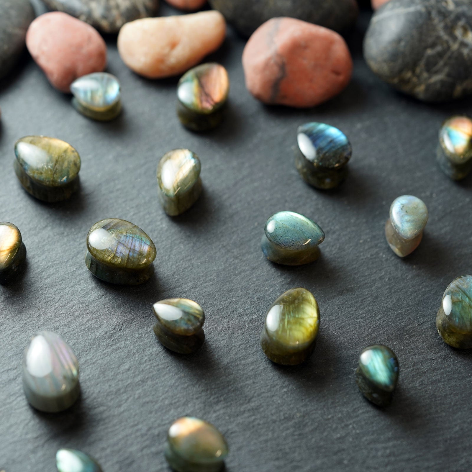 Grade AAA Labradorite Double Flare Convex Stone Teardrop Plug Group Shot