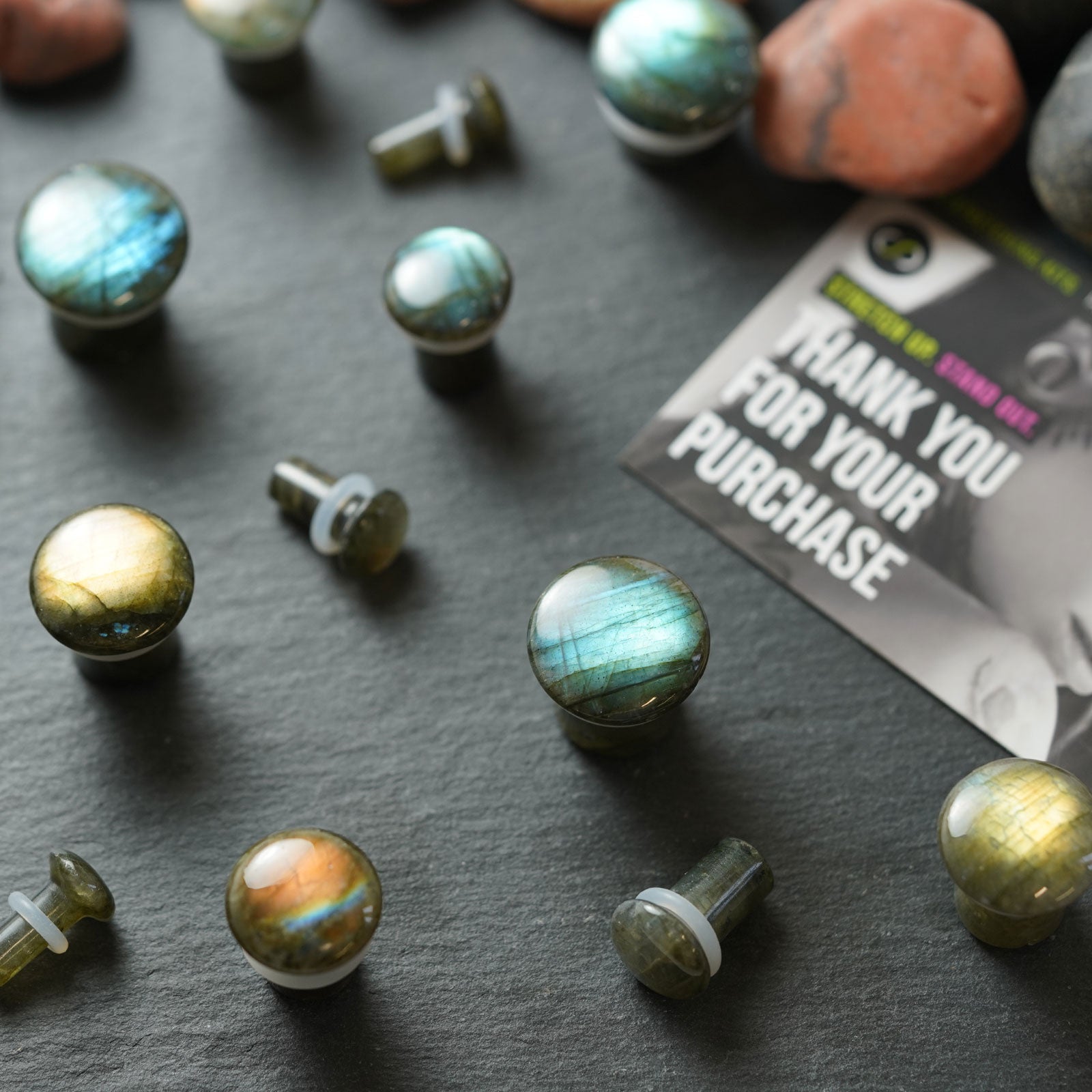 Grade AAA Labradorite Single Flare Convex Stone Plug Group Shot Close Up