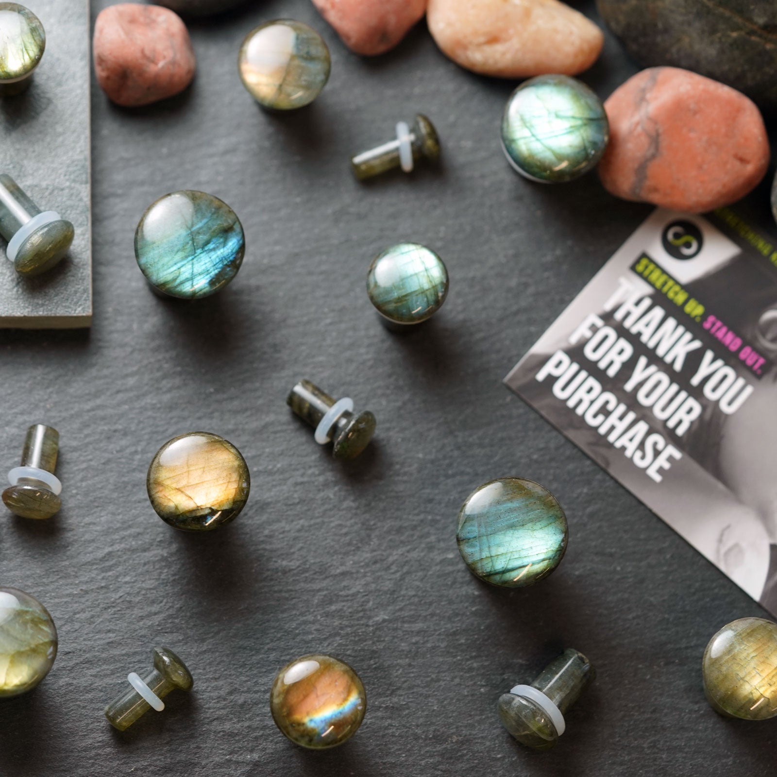 Grade AAA Labradorite Single Flare Convex Stone Plug Group Shot