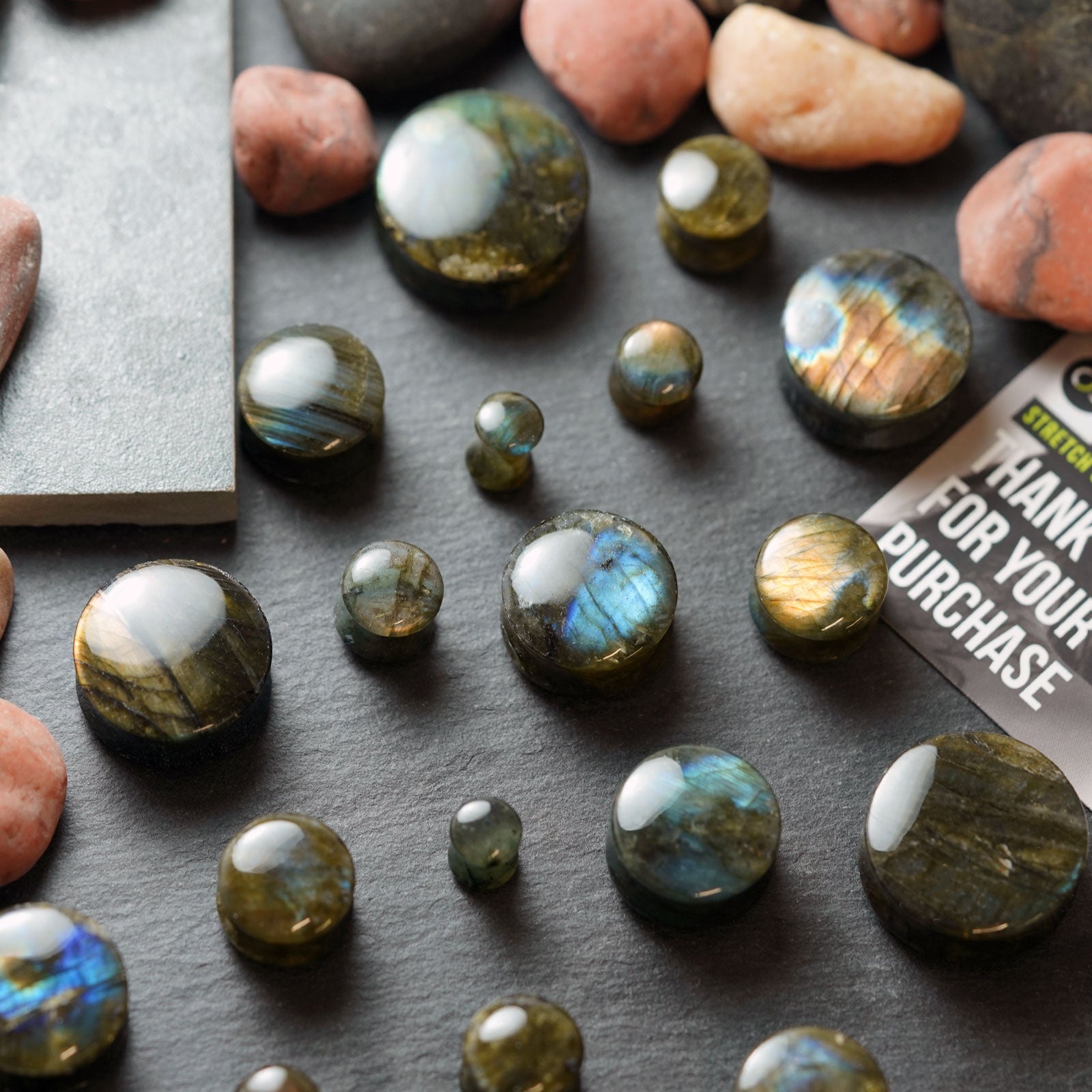 Grade B Labradorite Double Flare Convex Stone Plug Group Shot Two