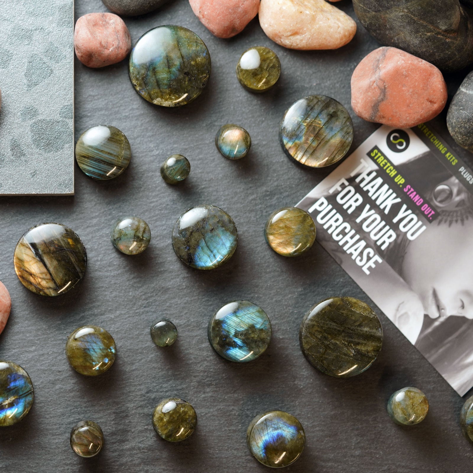 Grade B Labradorite Double Flare Convex Stone Plug Group Shot