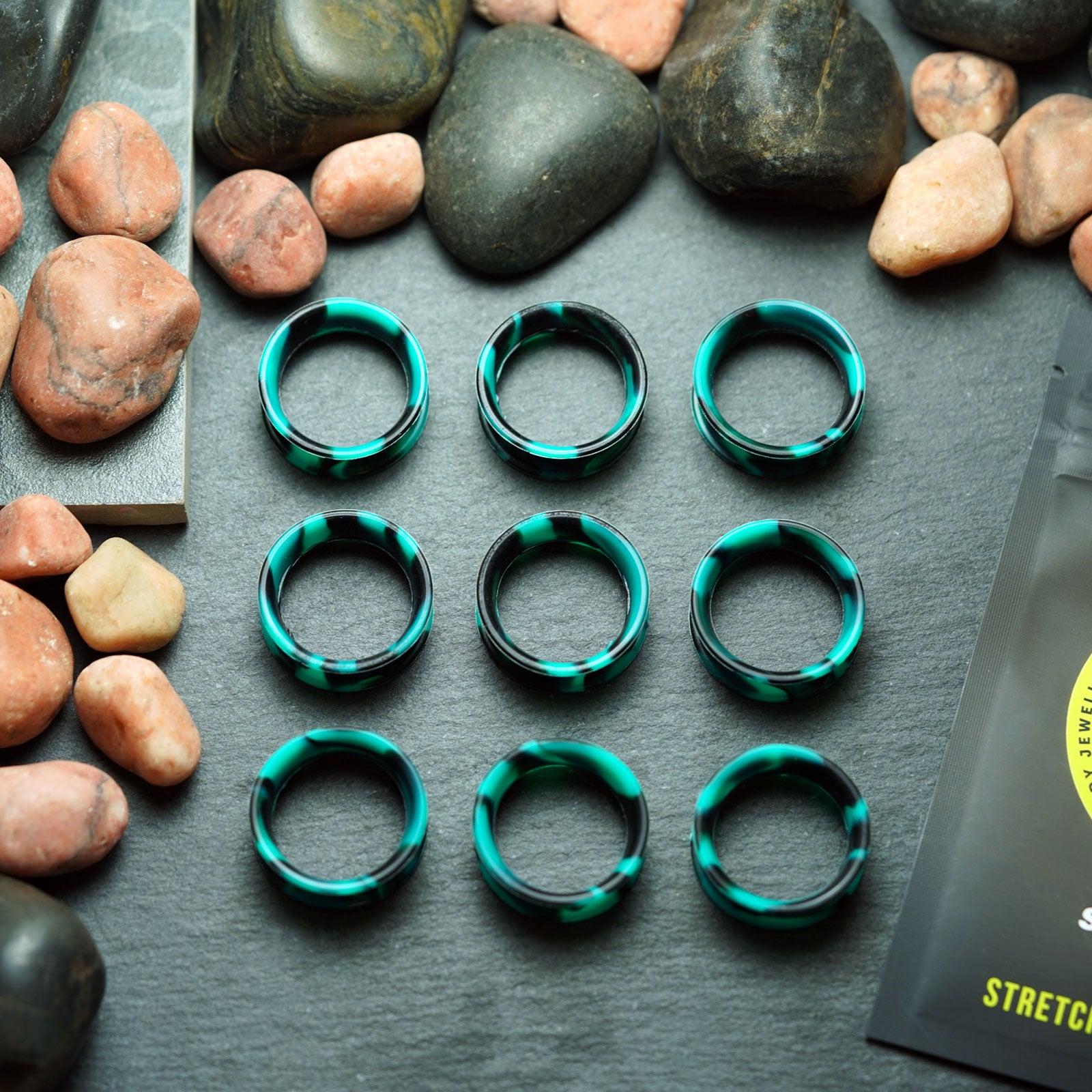 Green And Black Marble Double Flare Silicone Tunnel Group Shot