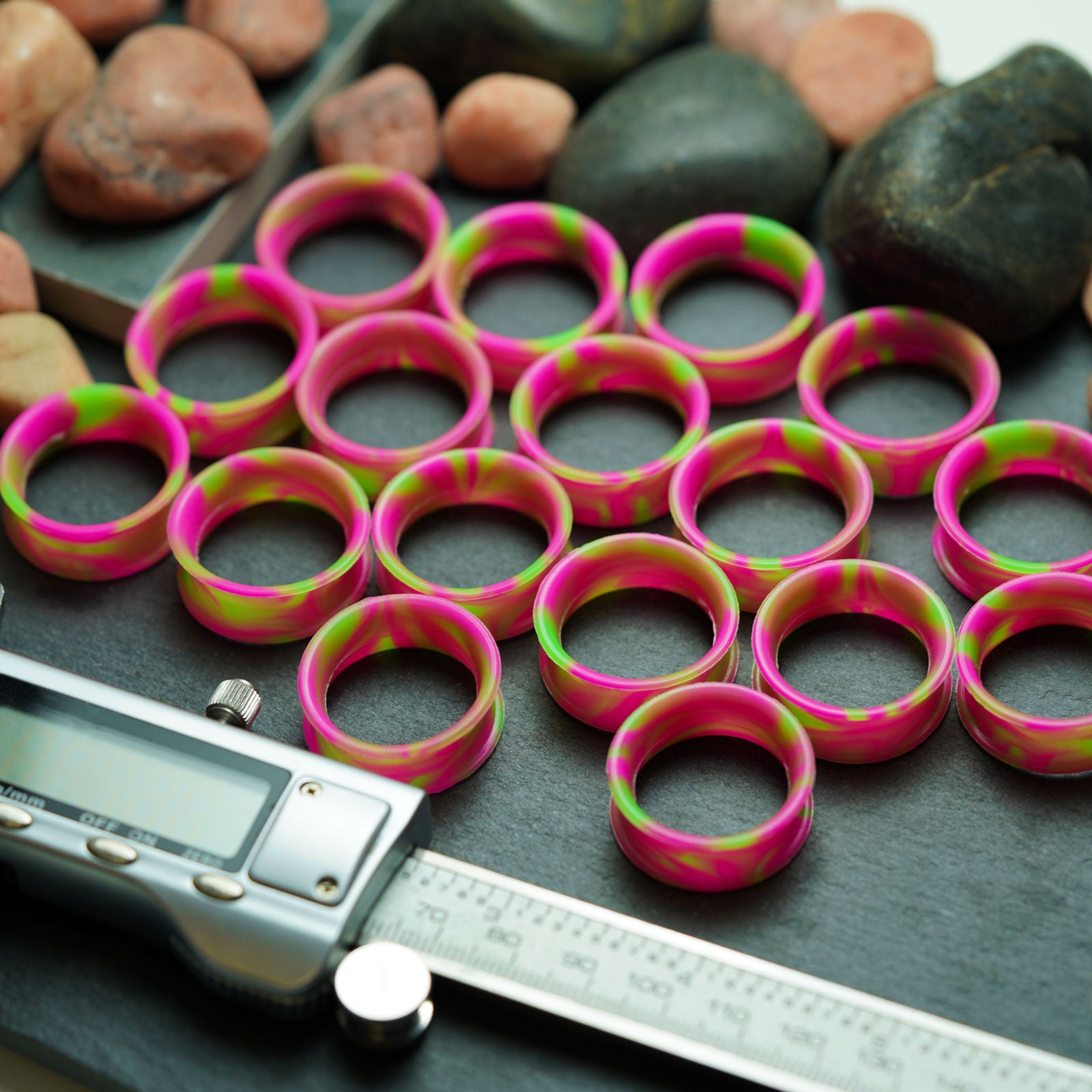 Green And Pink Ombré Double Flare Silicone Tunnel Group Shot