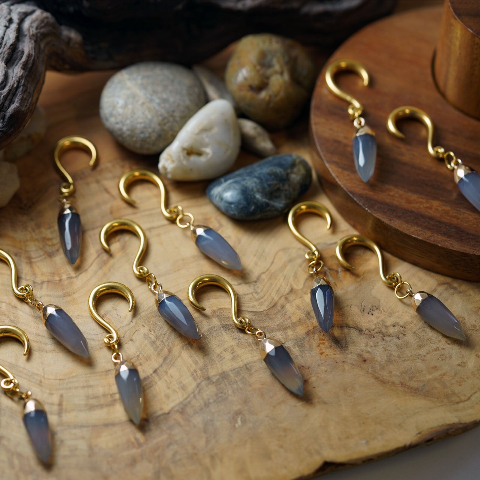 Grey Agate Faceted Pendant With Gold PVD Hook Mini Ear Weight Group Shot