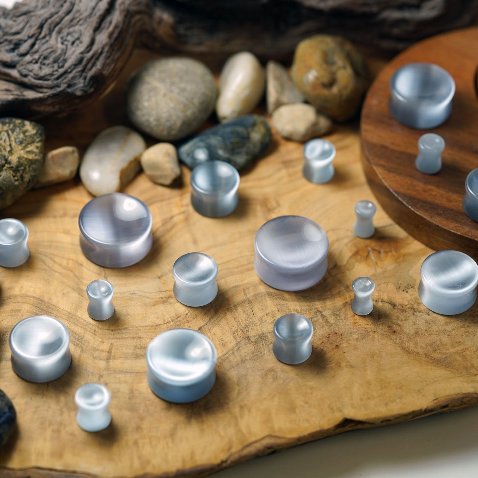 Grey Cat's Eye Glass Double Flare Concave Plug Group Shot