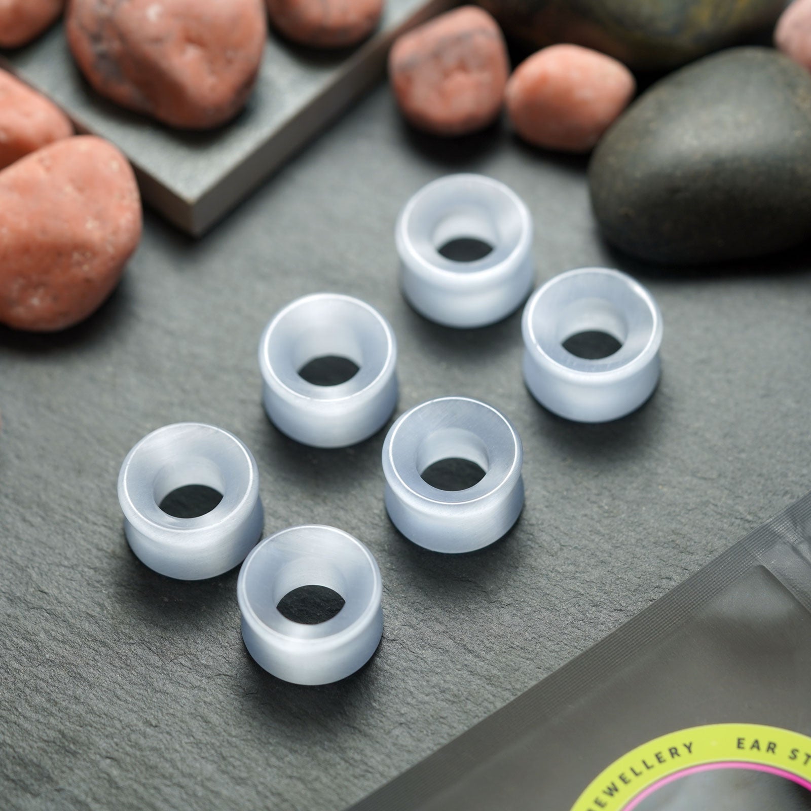 Grey Cat's Eye Glass Double Flare Concave Tunnel Group Shot