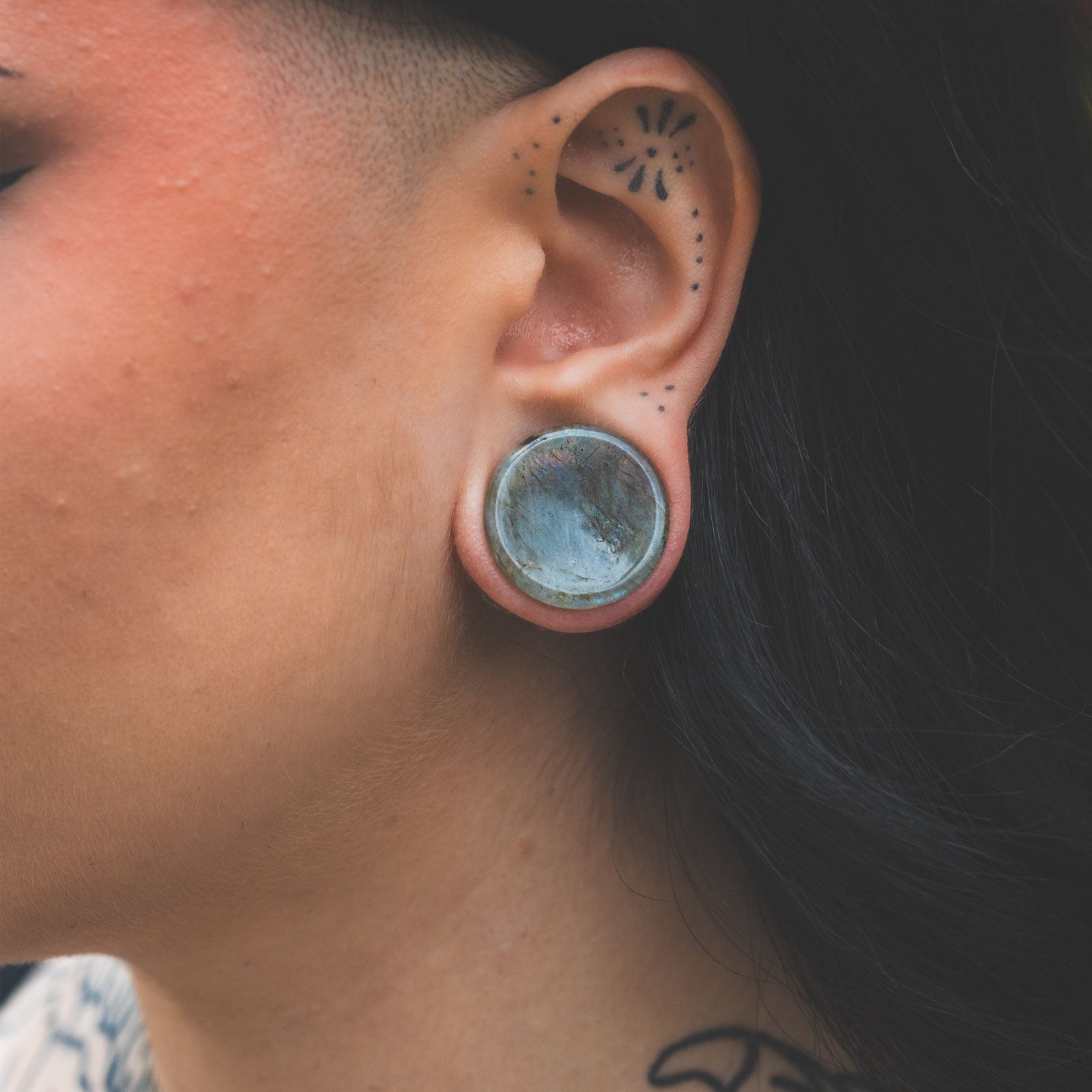 Grey Labradorite Double Flare Concave Stone Plug Model Shot Close Up