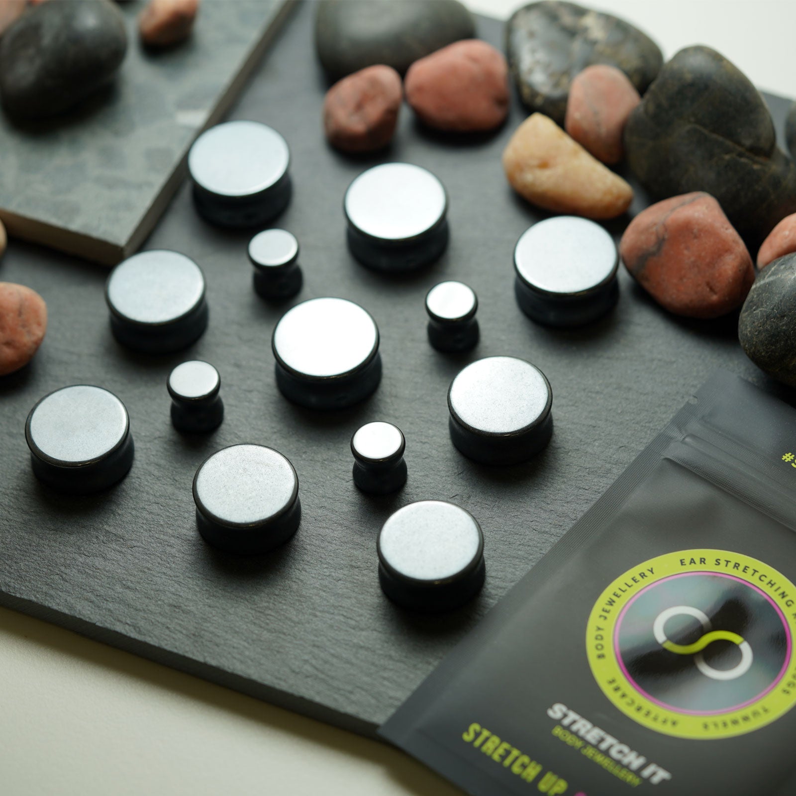 Hematine Double Flare Stone Plug Group Shot
