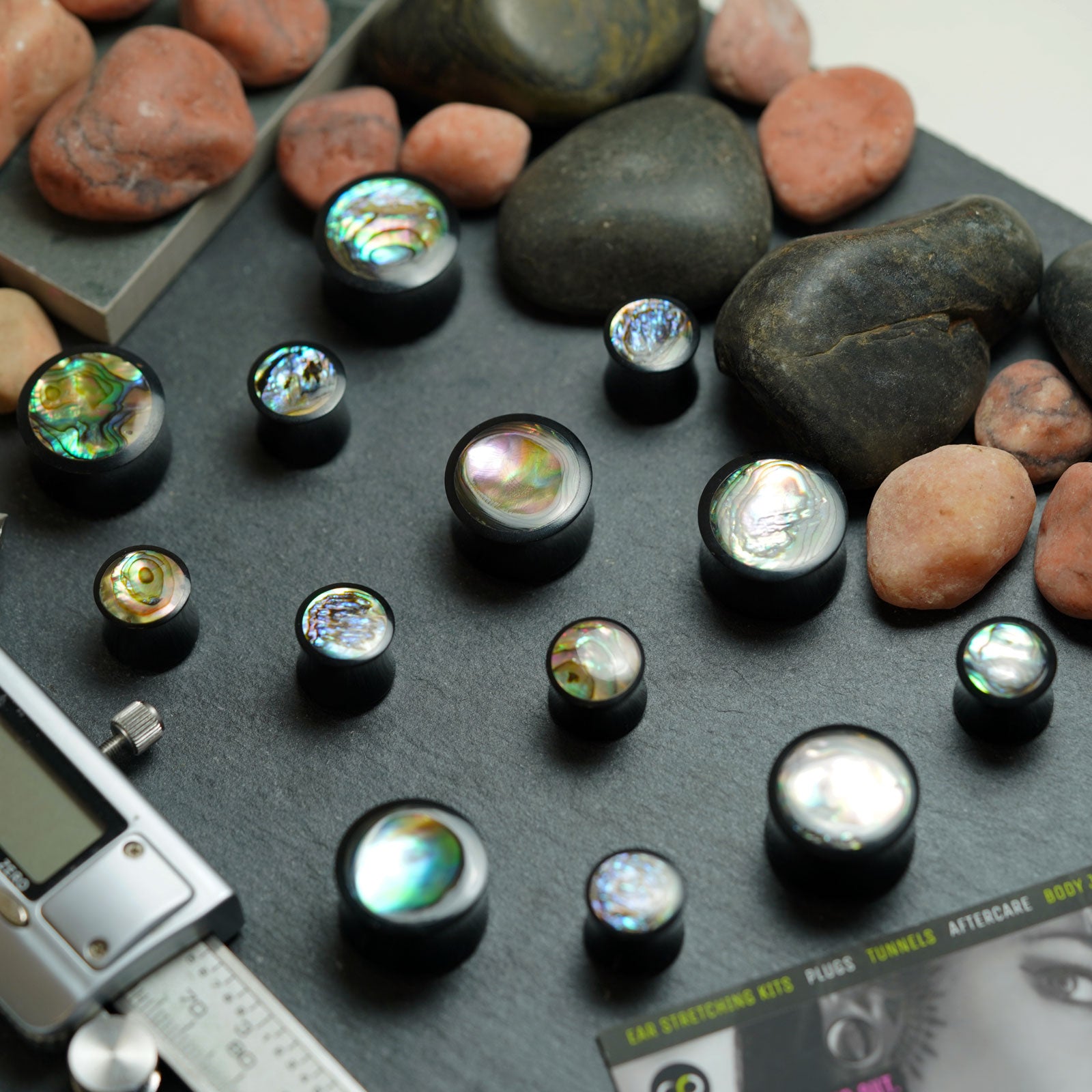 Horn Double Flare Plug With Abalone Shell Inlay Group Shot