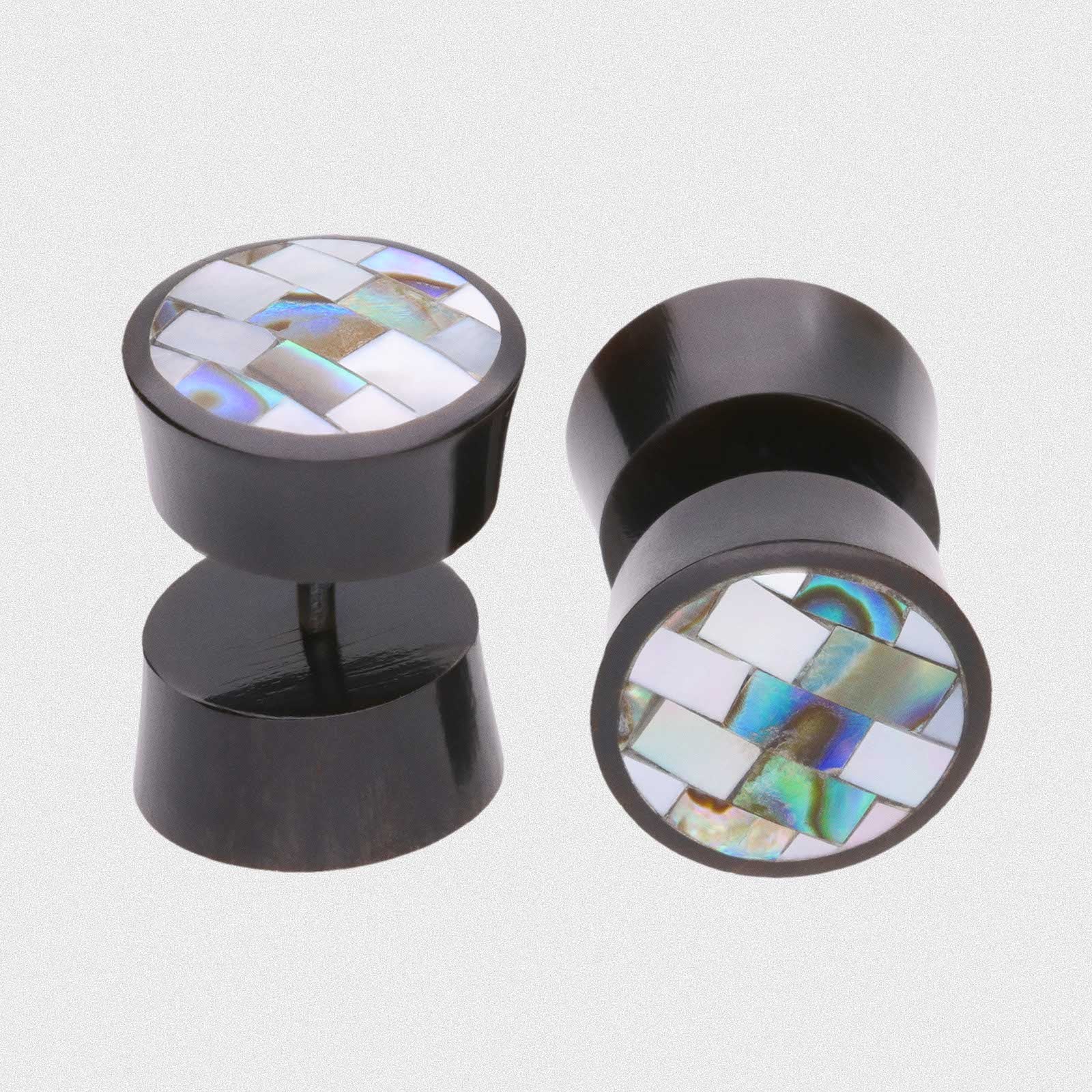 Horn Fake Gauge Plug With Abalone Shell & MOP Mosaic Inlay
