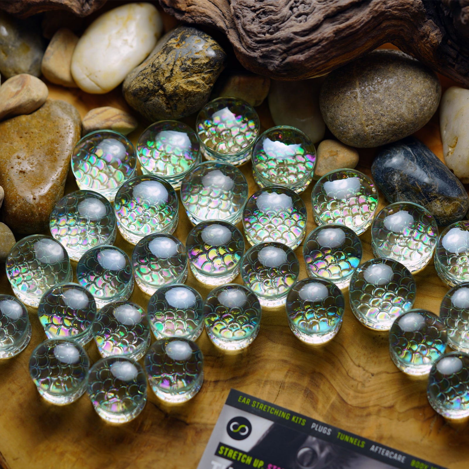 Iridescent Mermaid Scale Glass Double Flare Convex Plug Group Shot Two