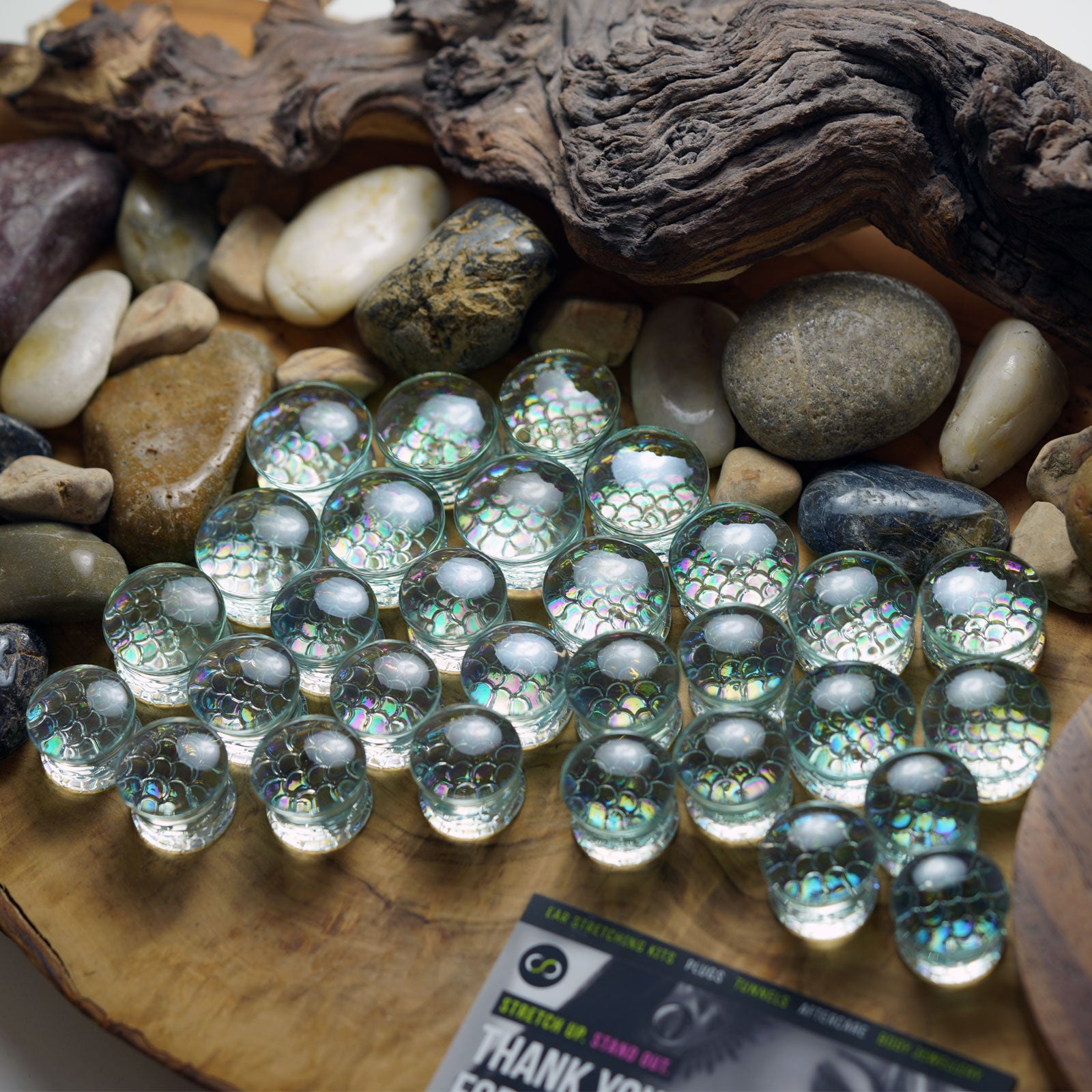 Iridescent Mermaid Scale Glass Double Flare Convex Plug Group Shot