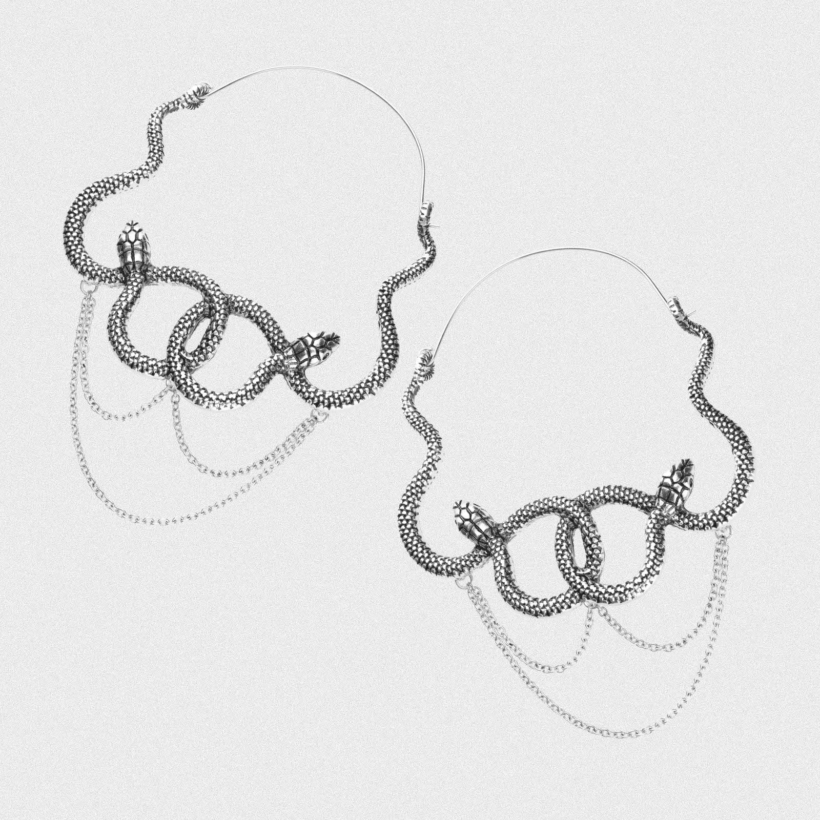 Linked Snakes Antique Silver Plug Hoops with Dangle Chain