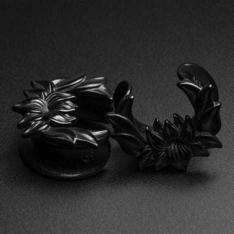 Lotus Flower Black PVD Saddle Plug Ear Weight