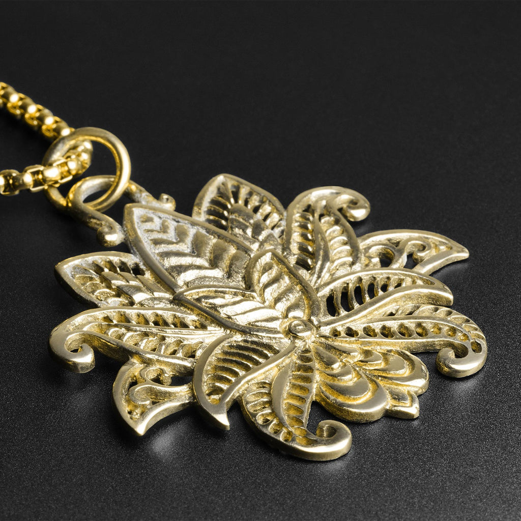 Lotus Flower Brass Pendant With 18k Gold Box Chain