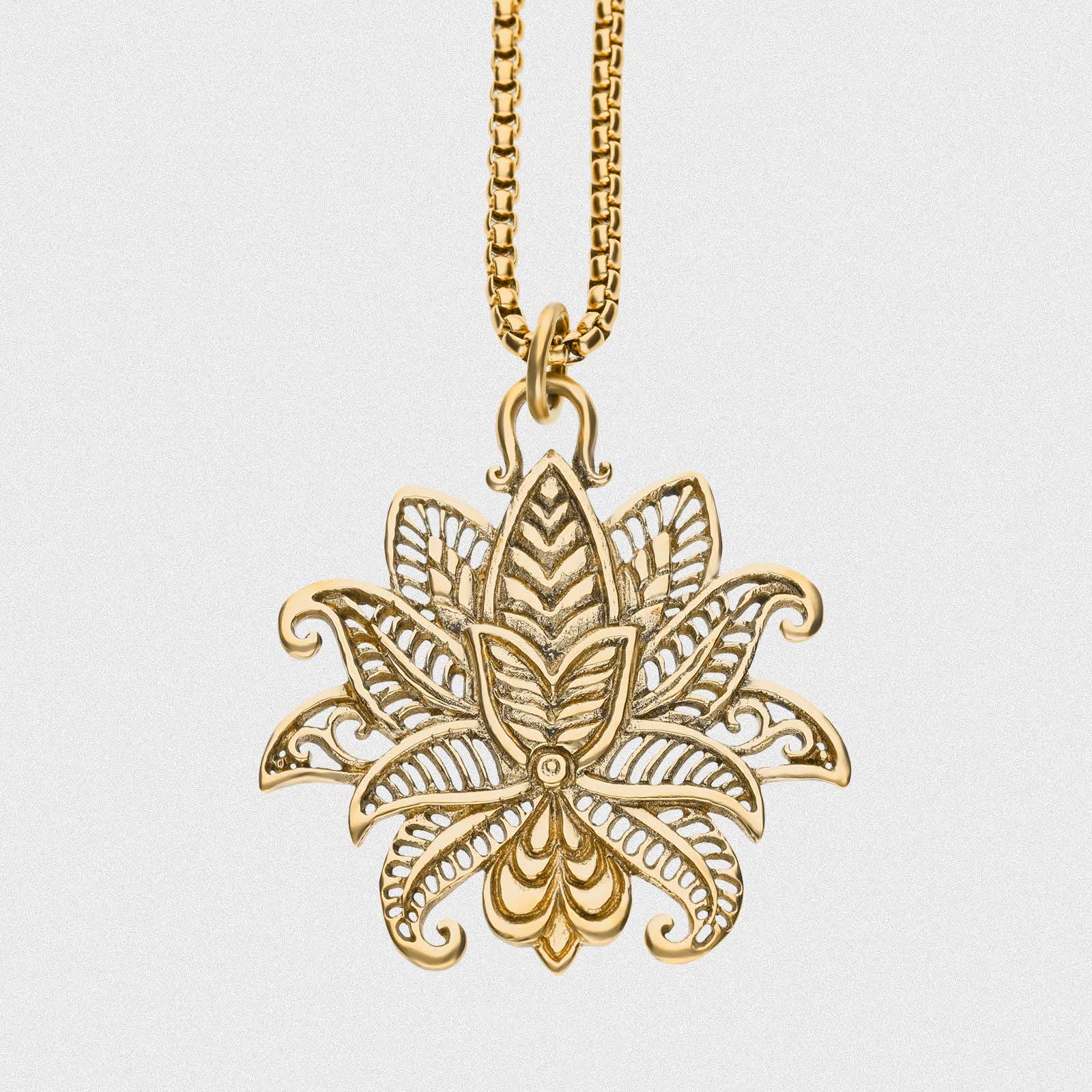 Lotus Flower Brass Pendant With 18k Gold Box Chain