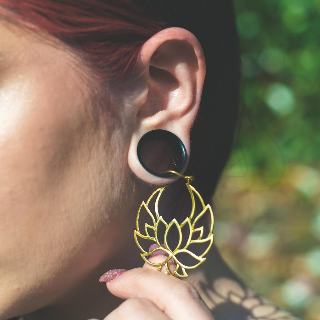 Lotus Flower Brass Plug Hoops | Stretch It Body Jewellery