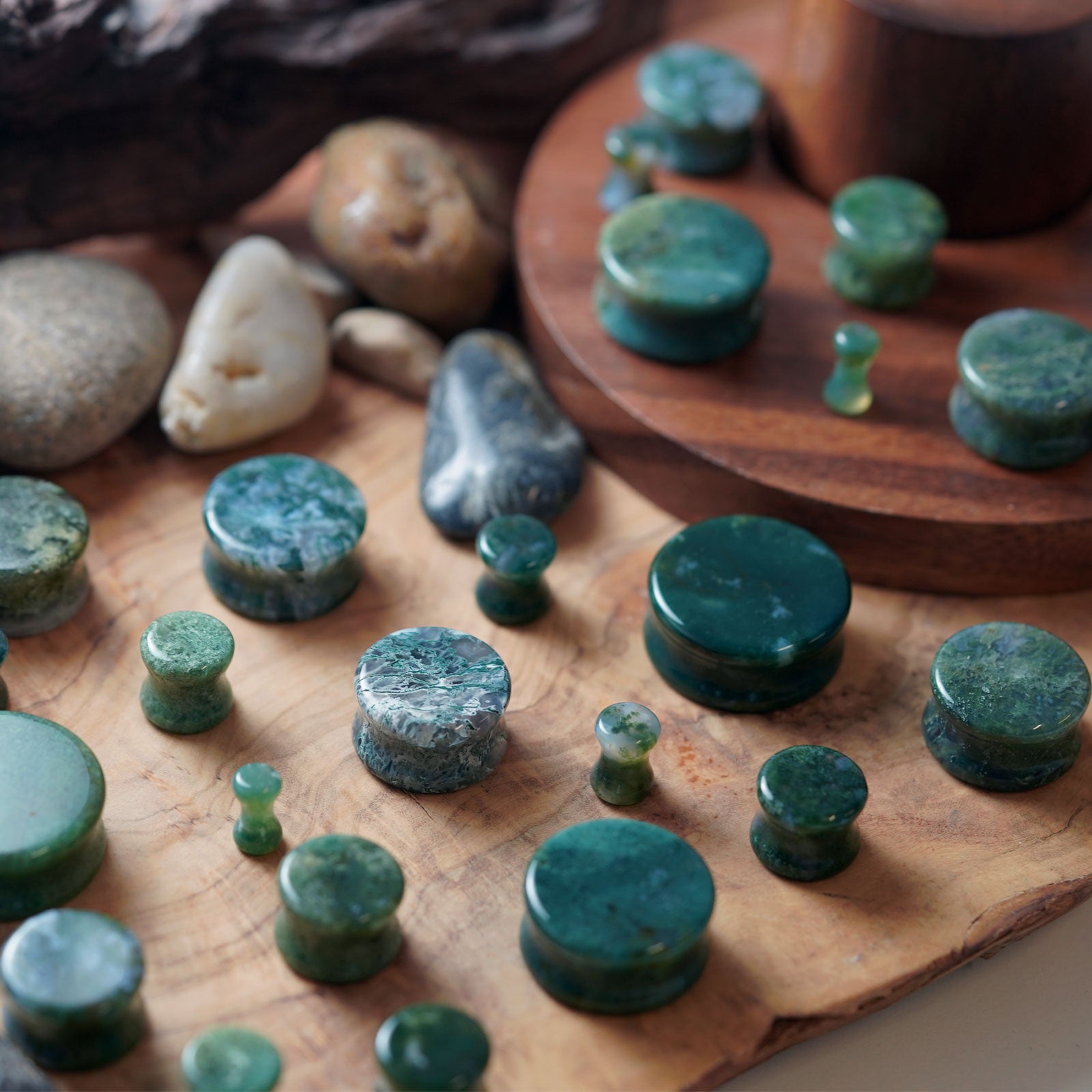 Moss Agate Double Flare Stone Plug Group Shot Close Up