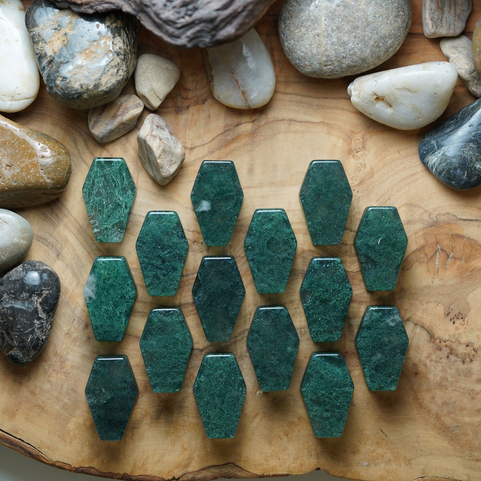 Moss Glass Double Flare Coffin Stone Plug Group Shot