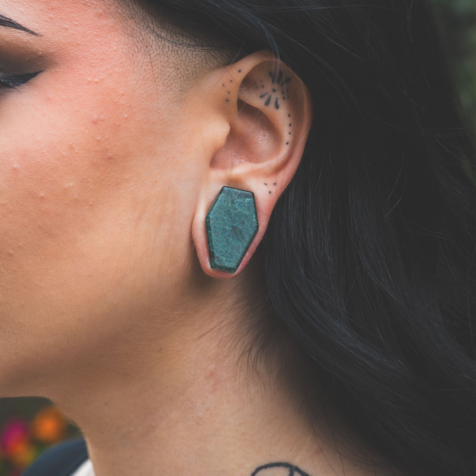 Moss Glass Double Flare Coffin Stone Plug Model Shot Close Up