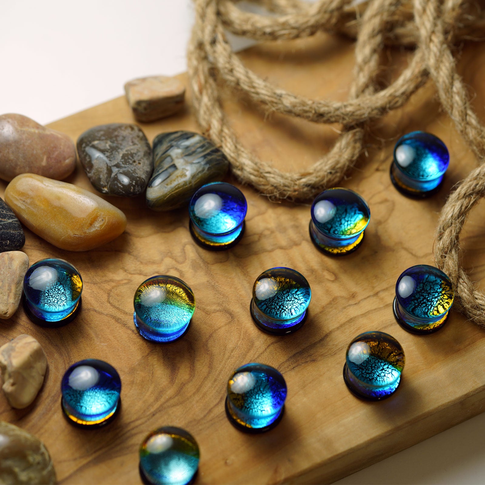 Ocean Dichroic Style Glass Double Flare Plug Group Shot