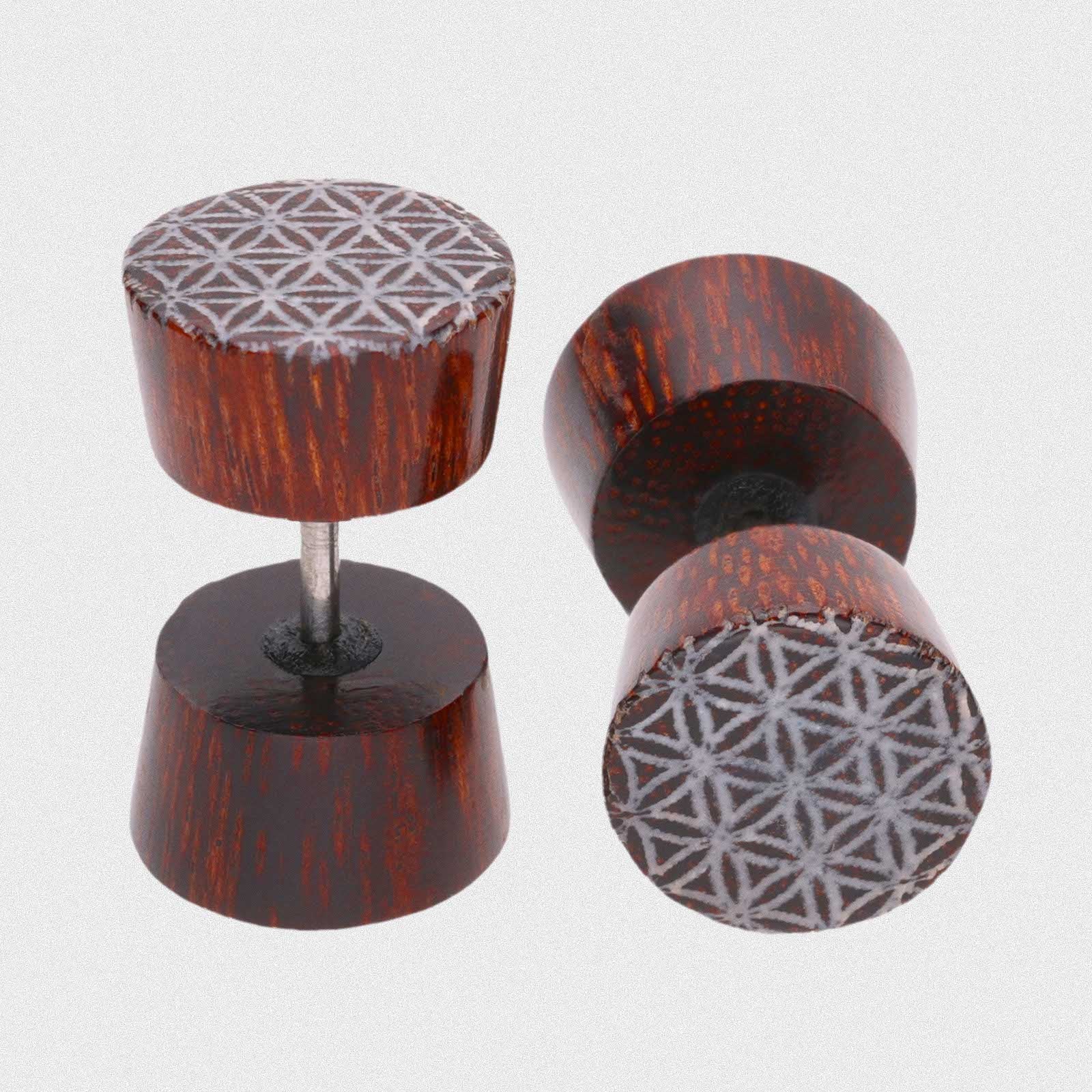 Palm Wood Fake Gauge Plug With Flower Of Life Bone Inlay