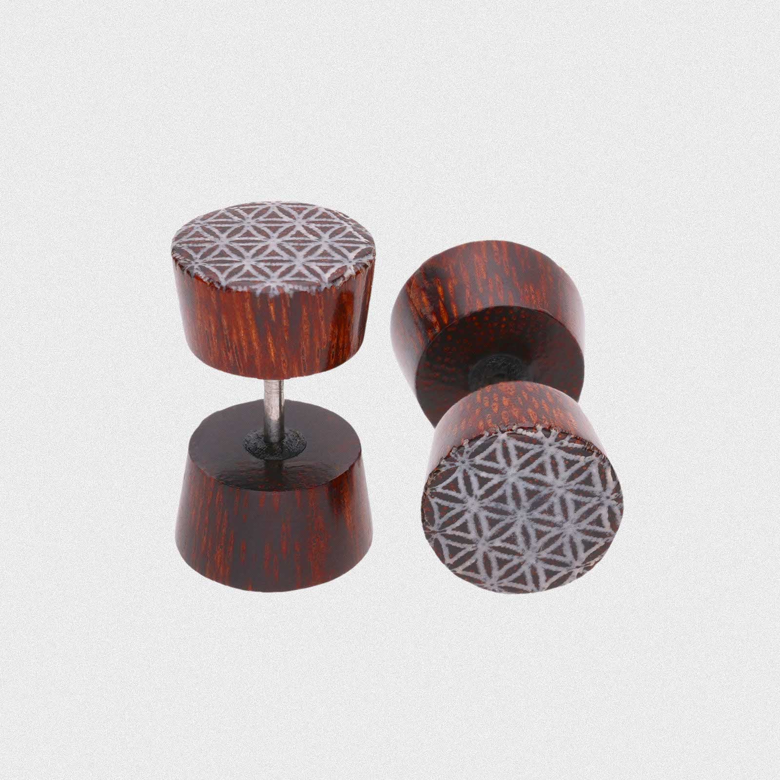 Palm Wood Fake Gauge Plug With Flower Of Life Bone Inlay