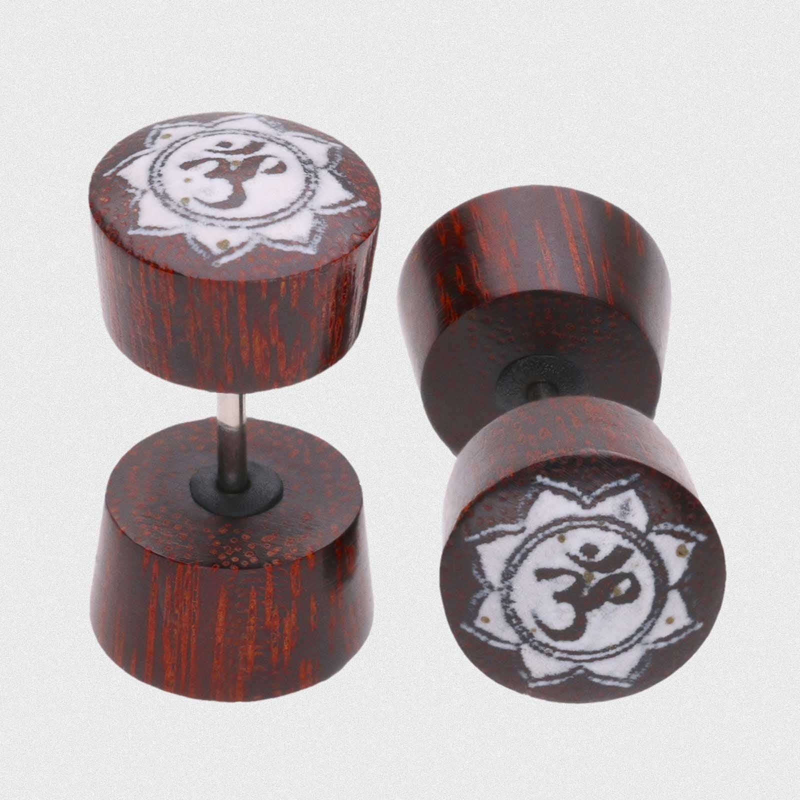 Palm Wood Fake Gauge Plug With Om Mani Bone Inlay