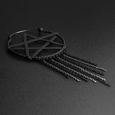 Pentagram With Dangle Chains Black PVD Plug Hoops