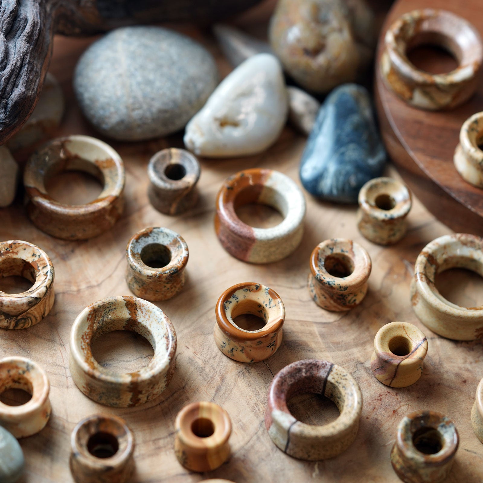 Picture Jasper Double Flare Concave Stone Tunnel Group Shot Close Up