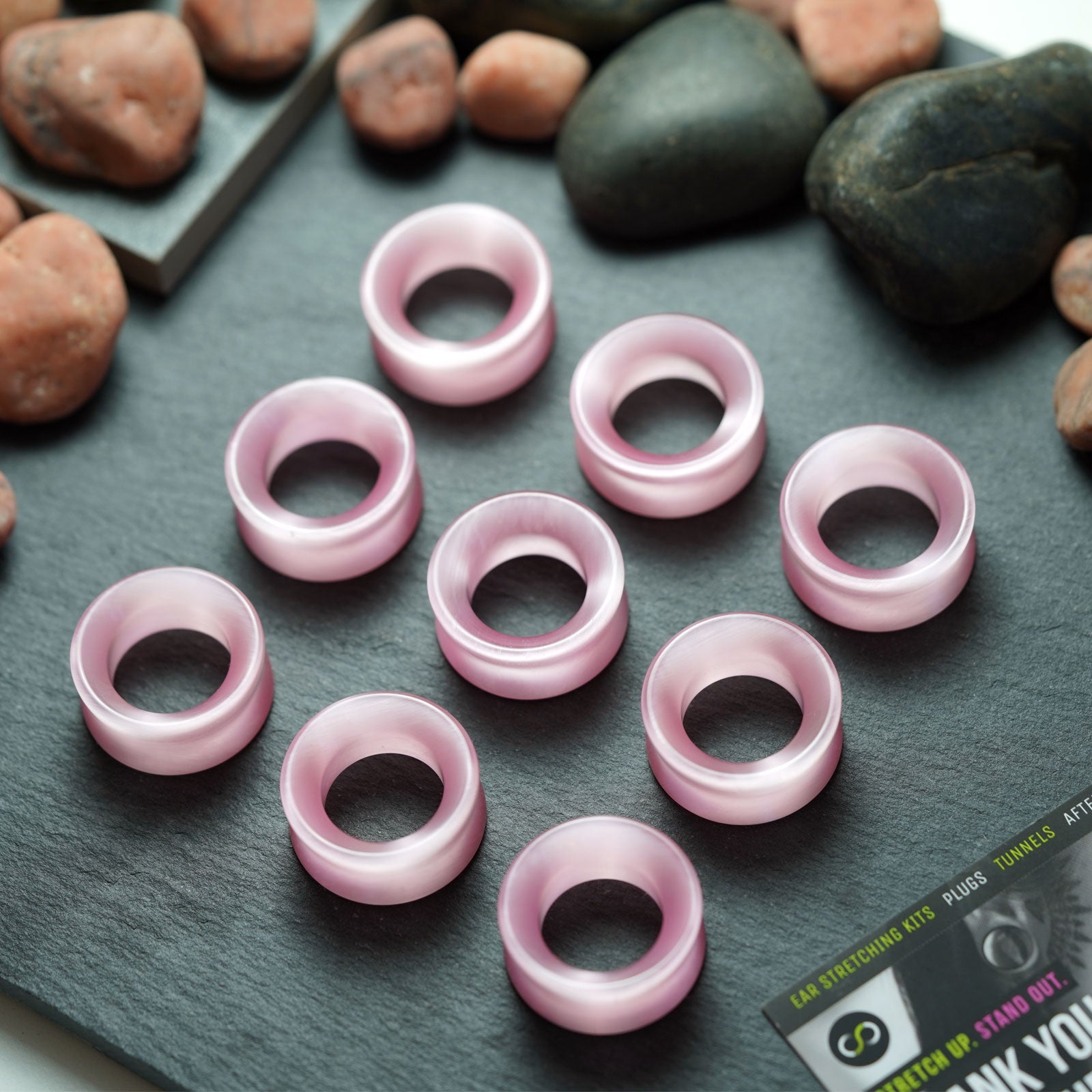 Pink Cat's Eye Glass Double Flare Concave Tunnel Group Shot