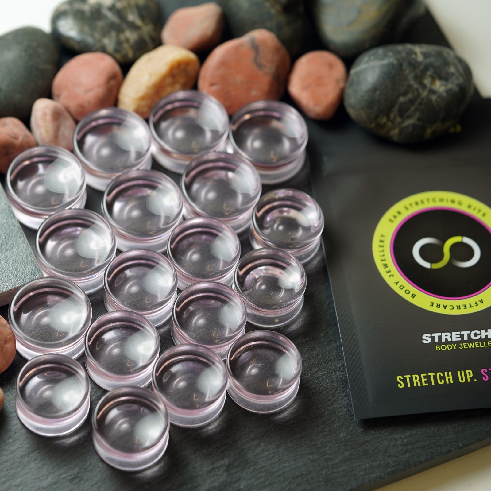 Pink Glass Double Flare Concave Plug Group Shot