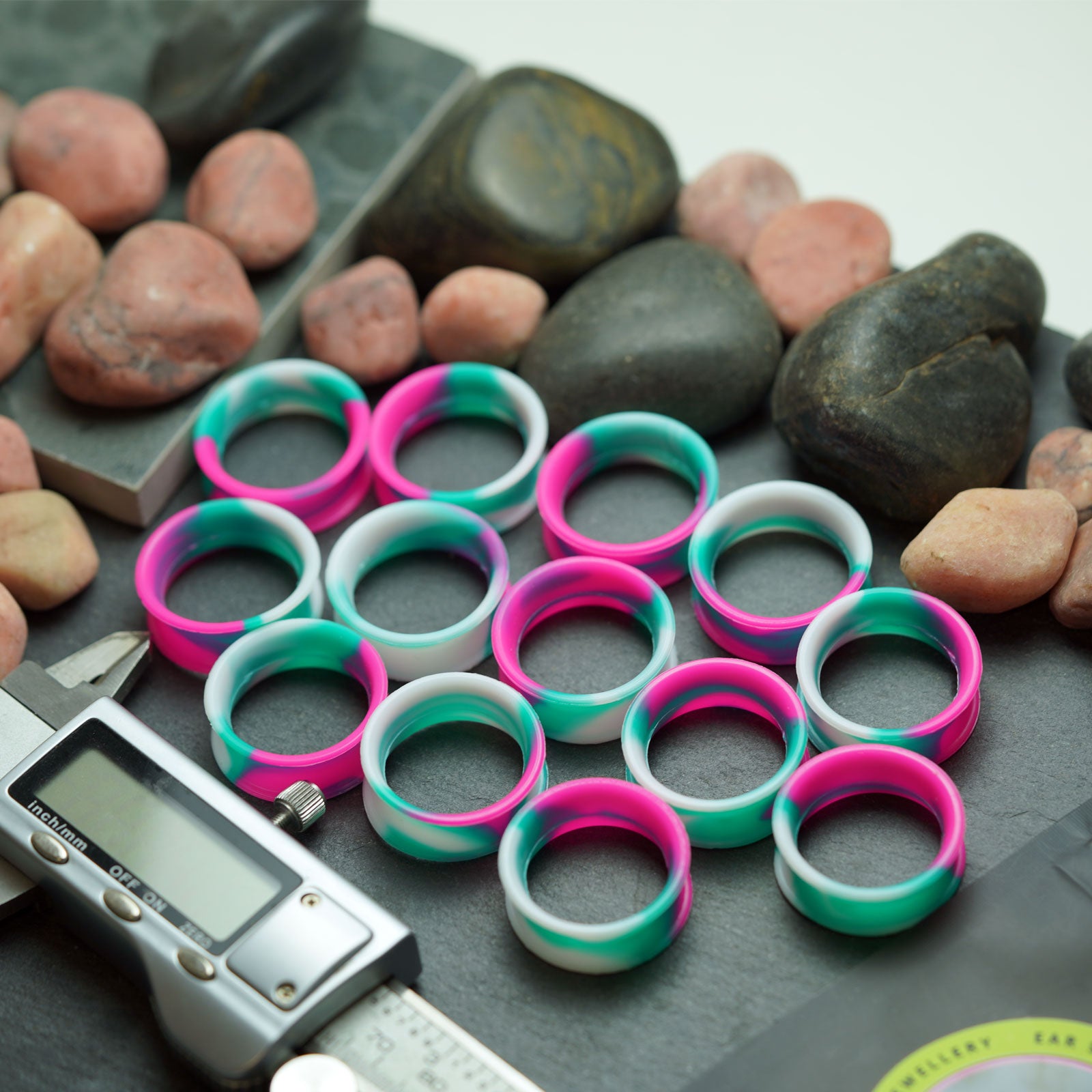 Pink, Green And White Marble Double Flare Silicone Tunnel Group Shot